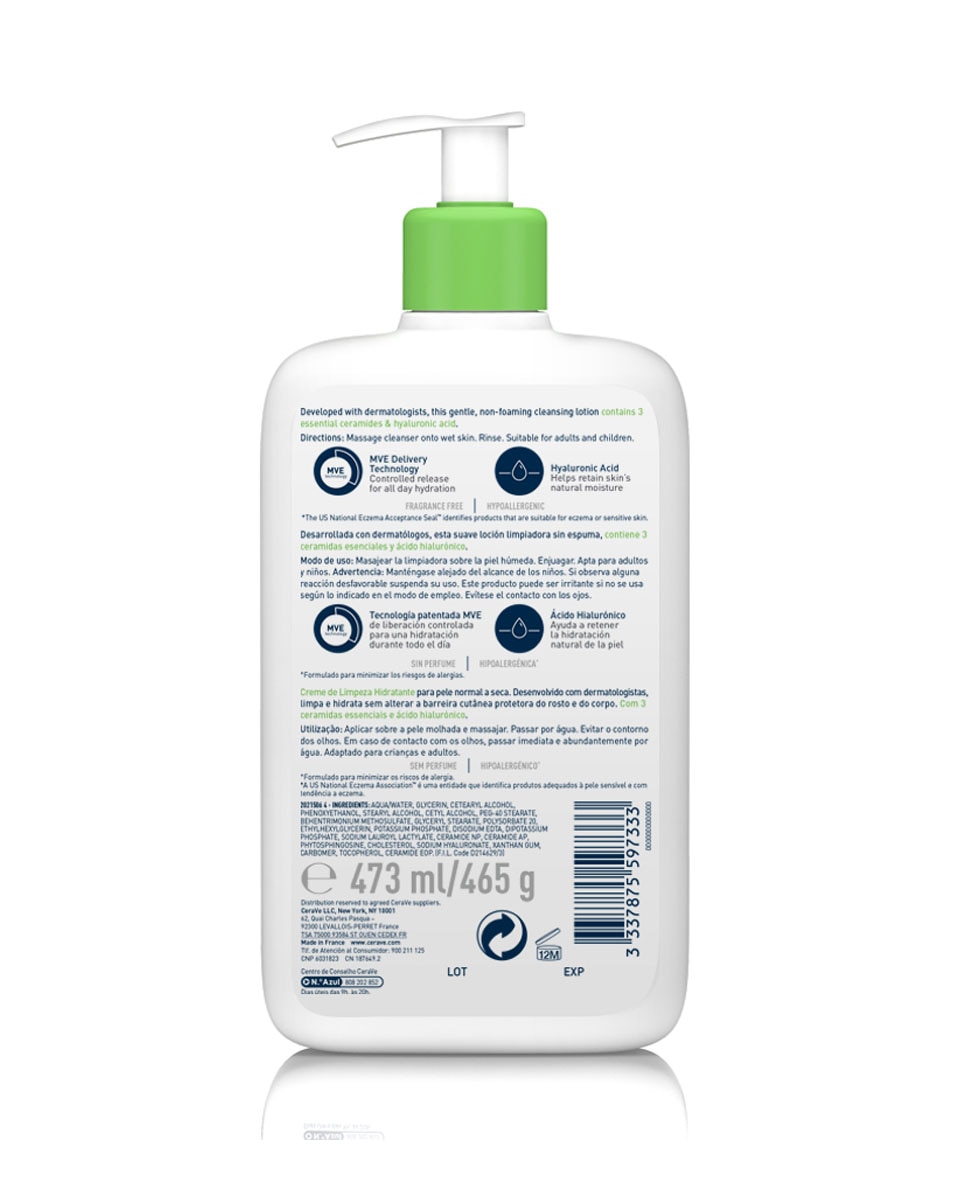 Gel Limpiador Hidratante Para Piel Normal Y Seca Con Tres Ceramidas Esenciales Y Ácido Hialurónico 473 ml Cerave - 473 ml 4