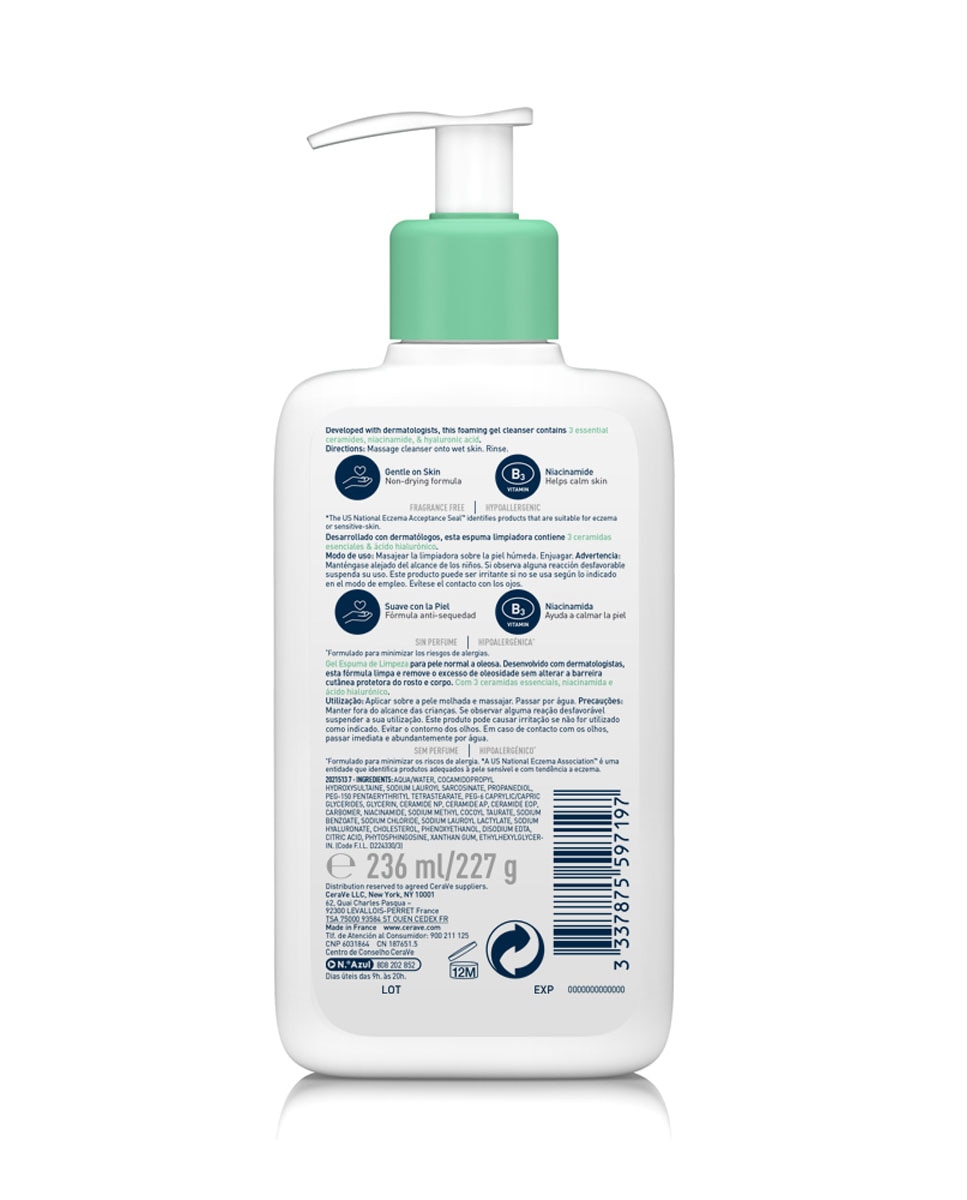 Gel Limpiador Espumoso Para Piel Normal y Grasa Enriquecido Con Ácido Hialurónico Y Niacinamida Cerave - 1 L 5