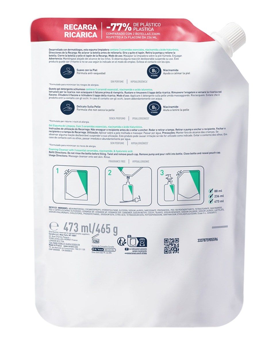 Recarga de Gel Limpiador Espumoso 473 ml Cerave - 473 ml 2