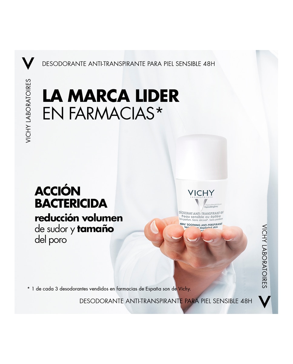 Imagen 3 de Desodorante bola reguladora piel sensible 48h apto para piel sensible o recién depilada 50 ml Vichy - 50 ml
