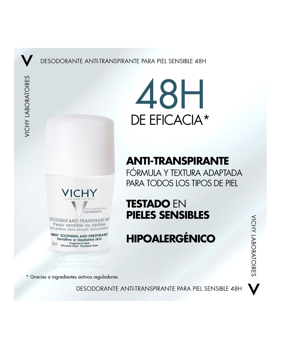 Imagen 4 de Desodorante bola reguladora piel sensible 48h apto para piel sensible o recién depilada 50 ml Vichy - 50 ml