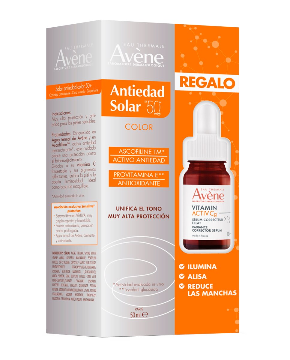 Pack Crema solar antiedad con color SPF 50+ 50 ml + Mini Sérum Vitamic 10 ml Avène 1