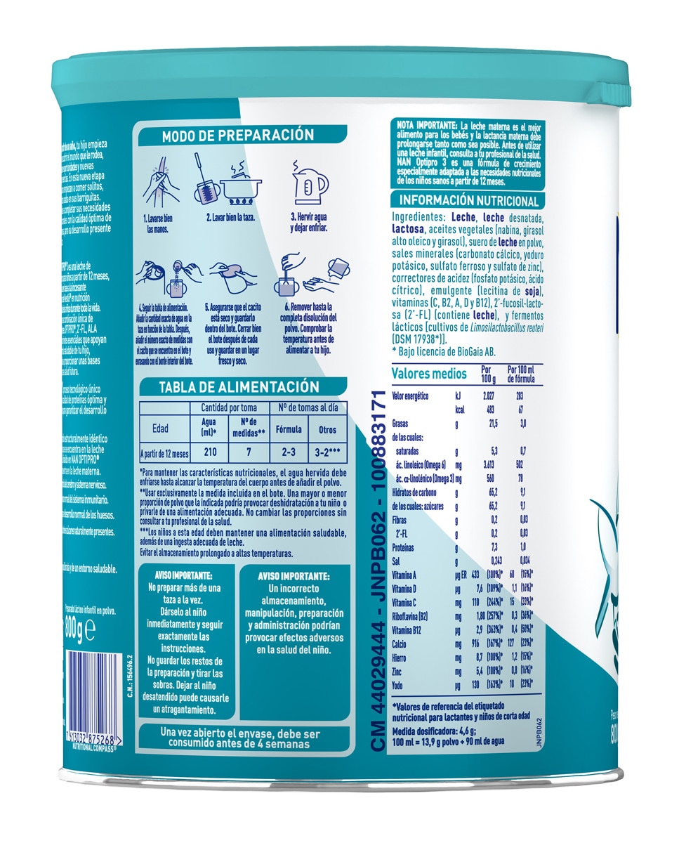 Leche de Crecimiento Nan Optipro 3 en polvo 12 a 18 meses Nestlé - 800 g 2