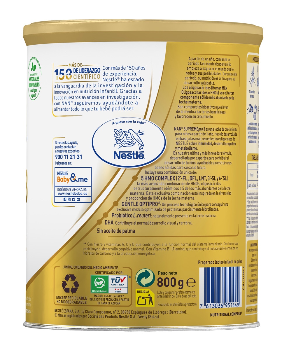 Leche de crecimiento Premium Nan Supreme Pro 3 en polvo 12 a 18 meses Nestlé - 800 g 3