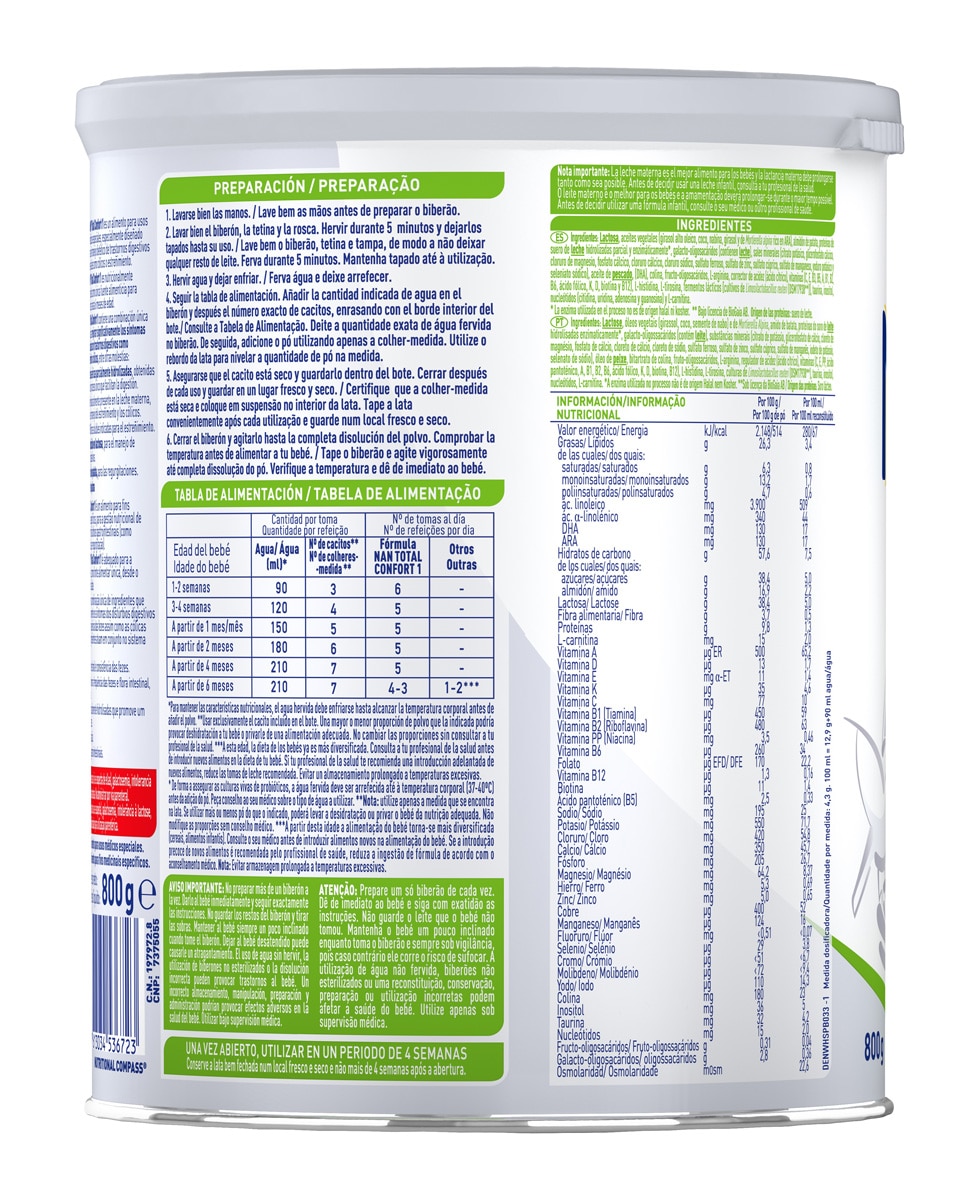 Leche para Lactantes con Transtornos Digestivos Cólicos o Estreñimiento Nan Total Confort 1 en polvo 0 a 6 meses Nestlé - 800 g 2
