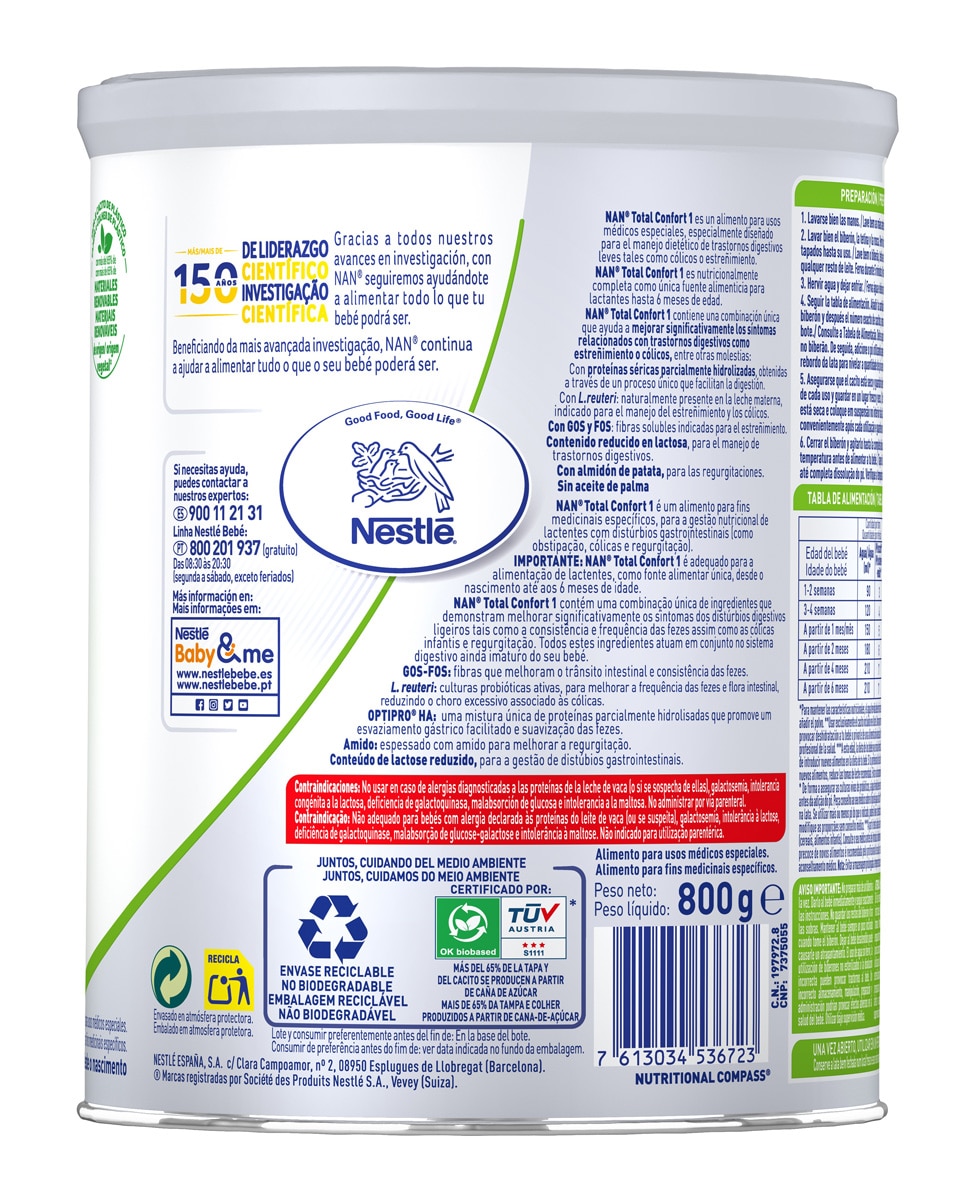 Leche para Lactantes con Transtornos Digestivos Cólicos o Estreñimiento Nan Total Confort 1 en polvo 0 a 6 meses Nestlé - 800 g 3