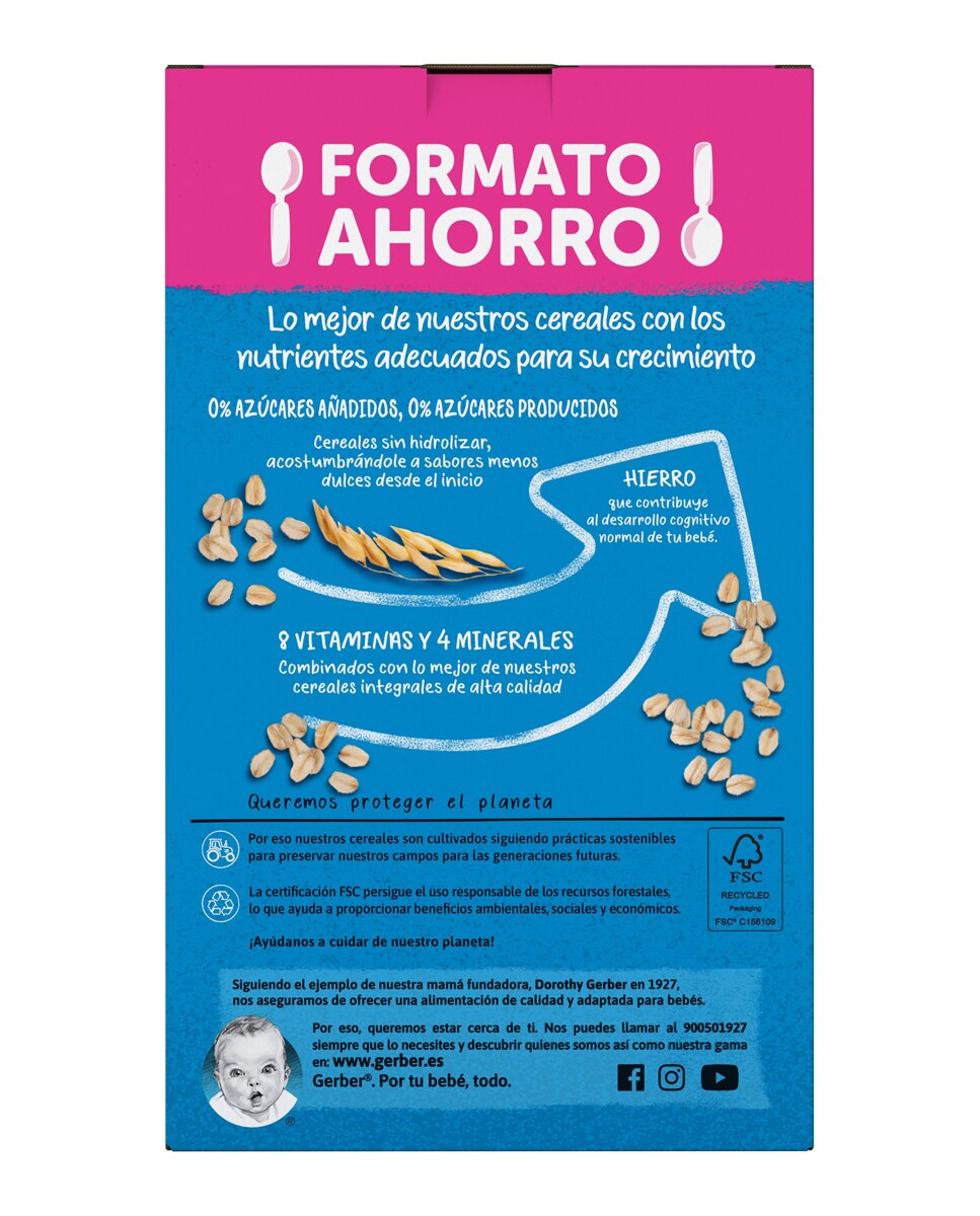 Imagen 2 de Papilla Multicereales y Galleta 0% azúcares añadidos ni producidos, a partir de los 6 meses, 510 g Gerber - 510 g