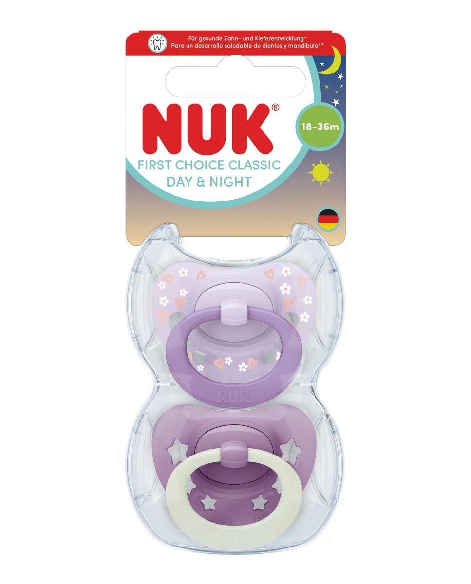 Nuk - Chupete First Choice Classic Day & Night Silic. T2 6-18M (2 Uds) - Surtido Nuk.