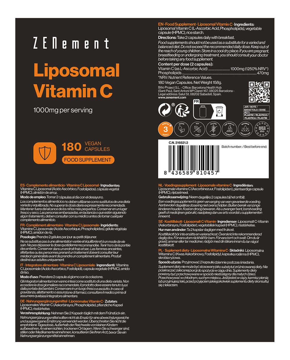 180 Cápsulas Veganas Complemento Alimenticio Vitamina C Liposomal Zenement - 180 Cápsulas 4