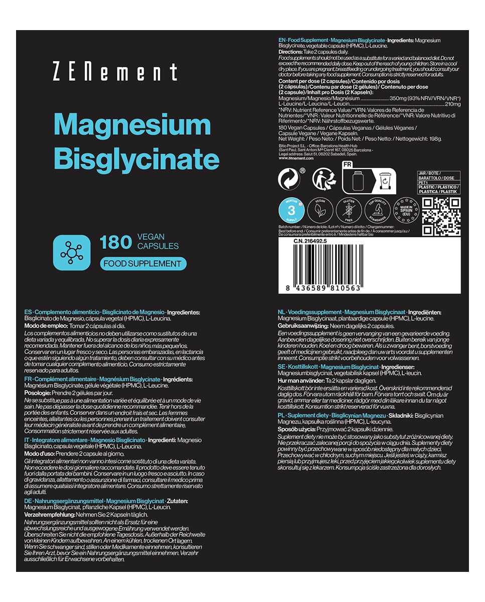 180 Cápsulas Veganas Complemento Alimenticio Bisglicinato de Magnesio Zenement - 180 Cápsulas 4