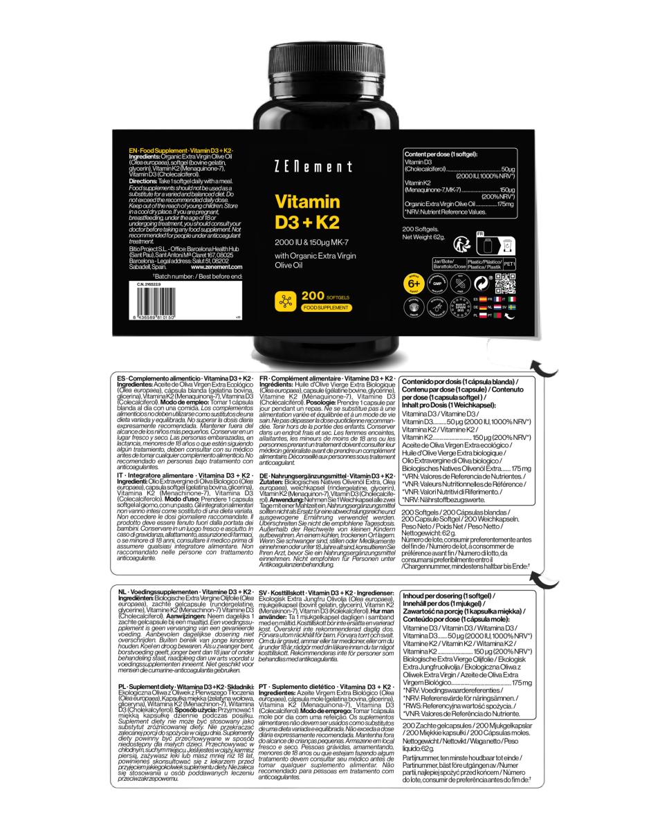 Vitamina D3 K2 2000 UI y 150 µg MK7 con Aceite de Oliva Virgen Extra Ecológico Español  200 Cápsulas blandas 4