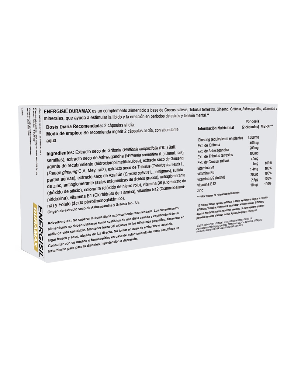 30 Cápsulas Complemento Alimenticio Duramax Energisil - 30 Cápsulas 2
