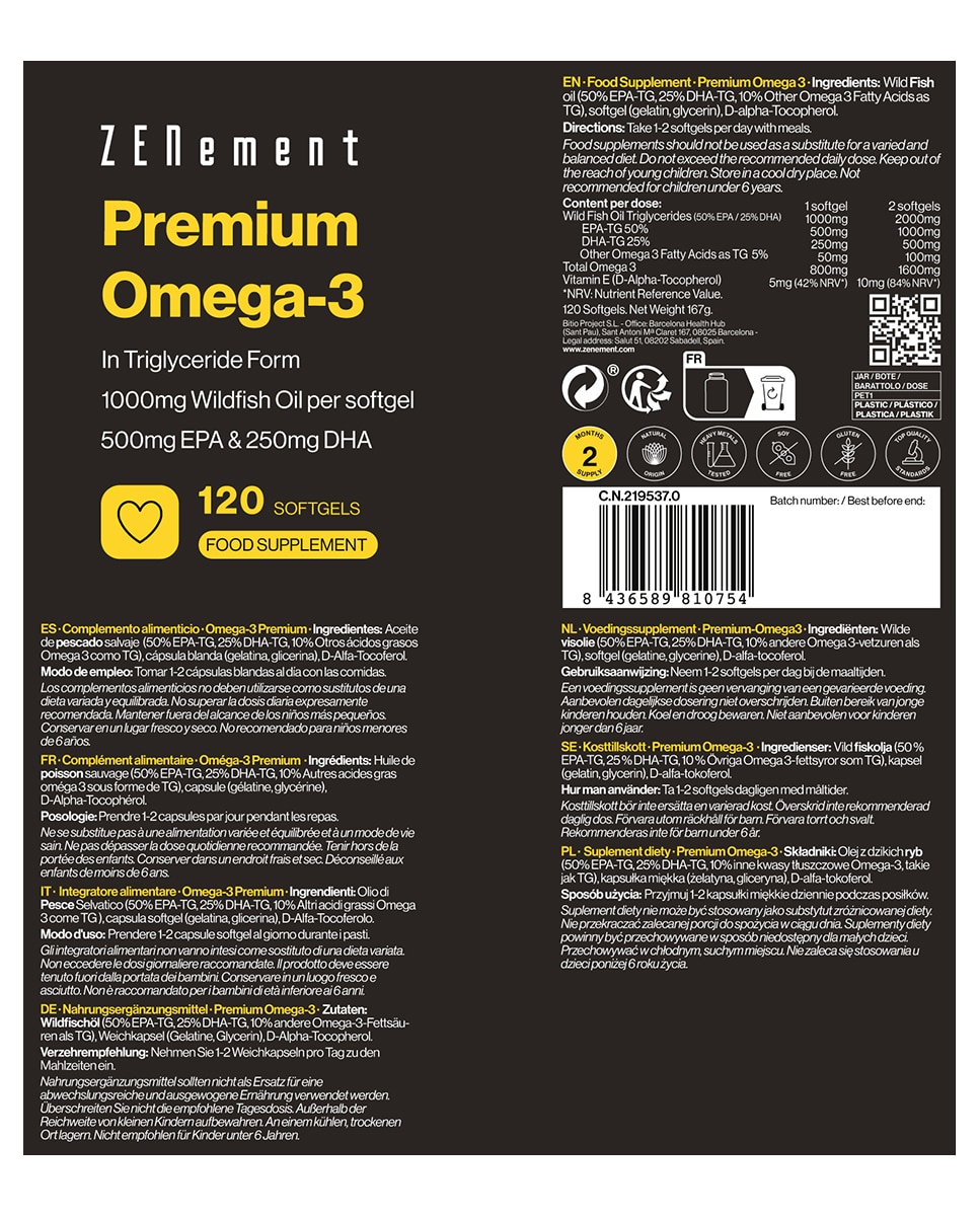 120 Cápsulas blandas Complemento Alimenticio Omega-3 Premium 1000 mg, 500 mg EPA / 250 mg DHA Zenement - 120 Cápsulas 4
