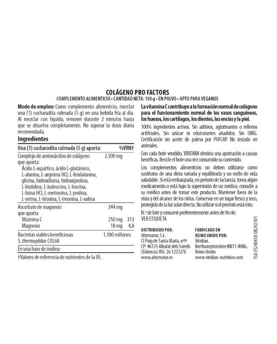 Complemento Alimenticio Colágeno Pro Factors Viridian - 150 g 3