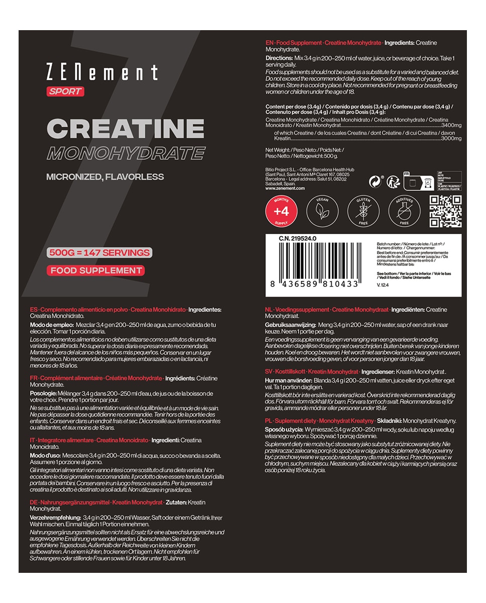 Complemento Alimenticio Creatina Monohidrato, Micronizada, Sin sabor Zenement - 500 g 4