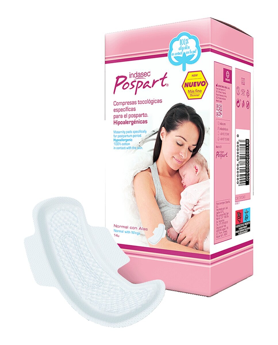 Imagen 0 de Compresas con Alas Tocológicas Pospart  100% Algodón 14 Unidades Indasec