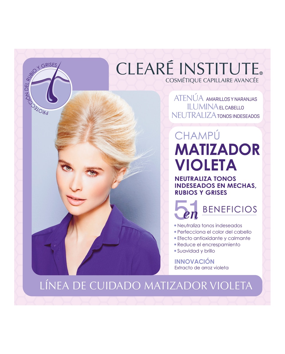 Champú Matizador Violeta Para Cabello Rubio, Con Mechas Y Grises Clearé Institute - 400 ml 2