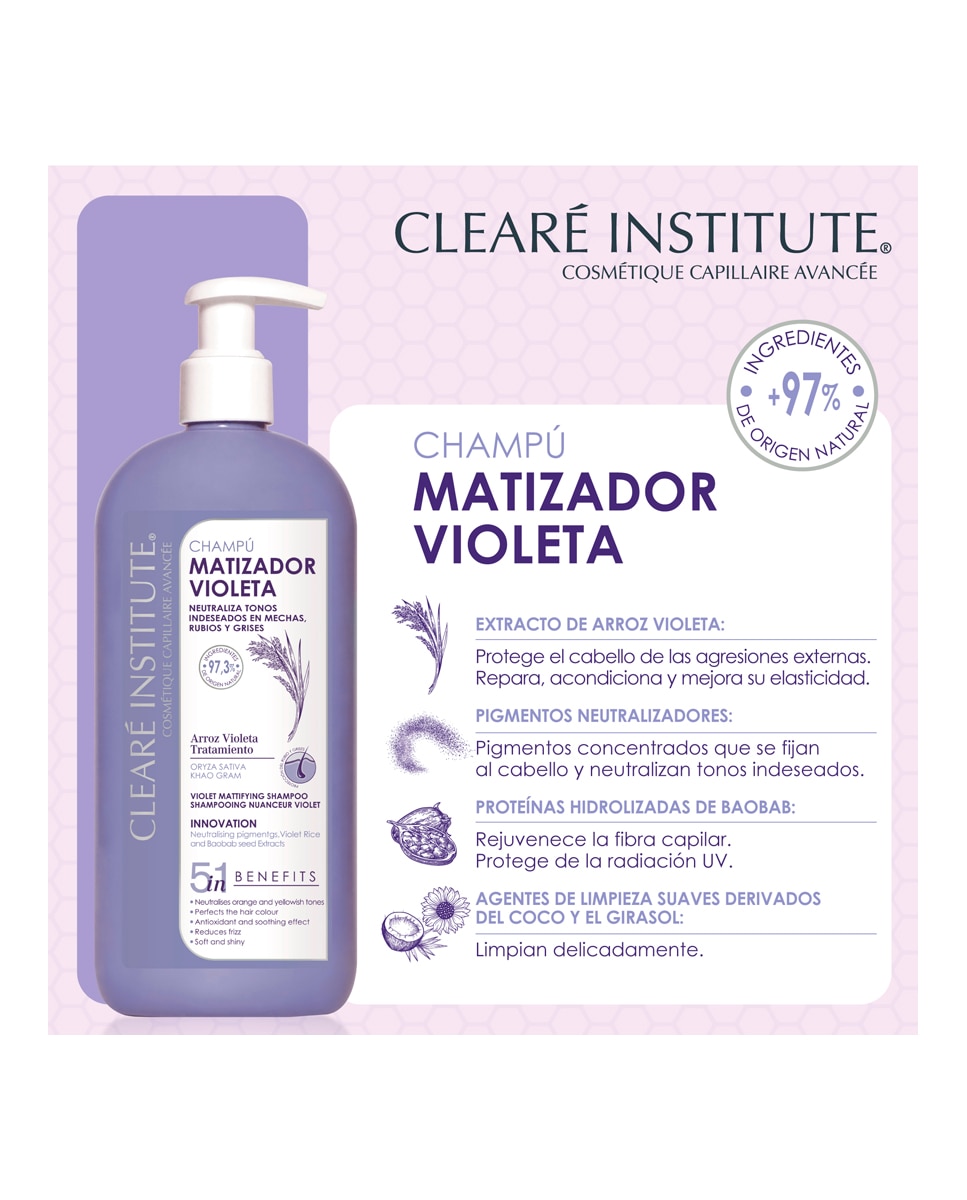 Champú Matizador Violeta Para Cabello Rubio, Con Mechas Y Grises Clearé Institute - 400 ml 3