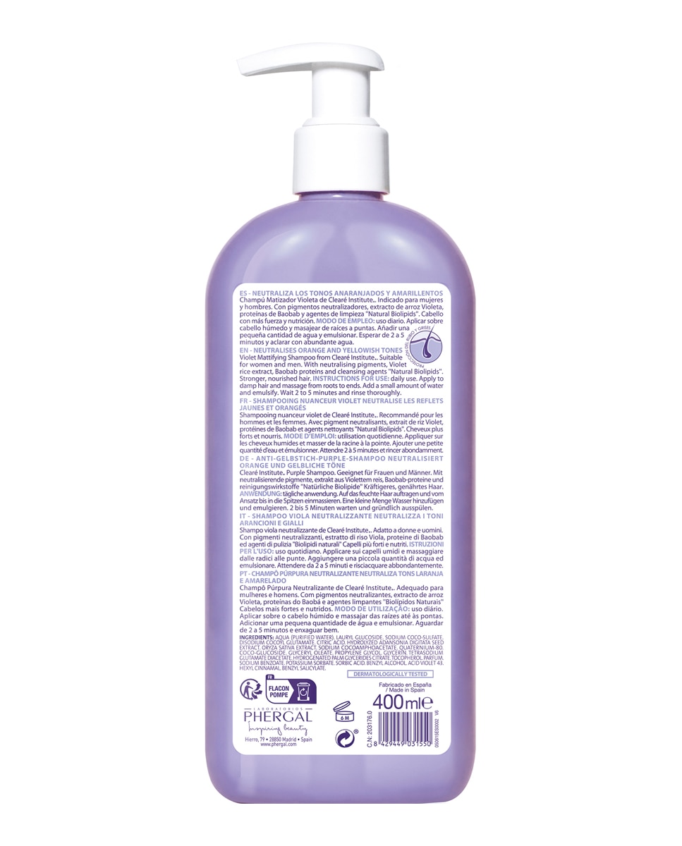 Champú Matizador Violeta Para Cabello Rubio, Con Mechas Y Grises Clearé Institute - 400 ml 6