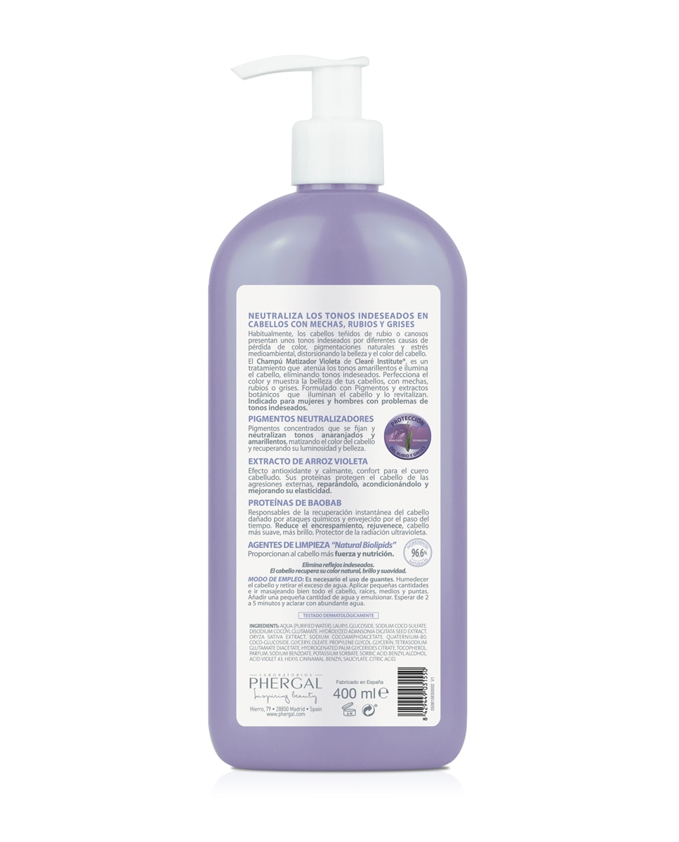 Champú Matizador Violeta Para Cabello Rubio, Con Mechas Y Grises Clearé Institute - 400 ml 8