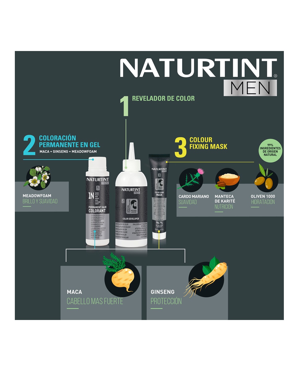 Imagen 5 de Tinte coloración permanente hombre para Cabello y Barba sin amoníaco Naturtint Men - 3N - Castaño Oscuro 3N - Castaño Oscuro