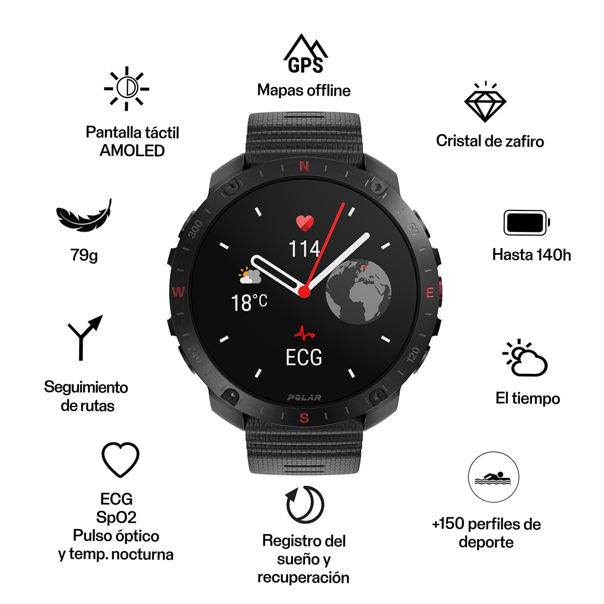 Reloj smartwatch Polar Grit X2 Pro Talla S-L Polar Negro / Gris-2