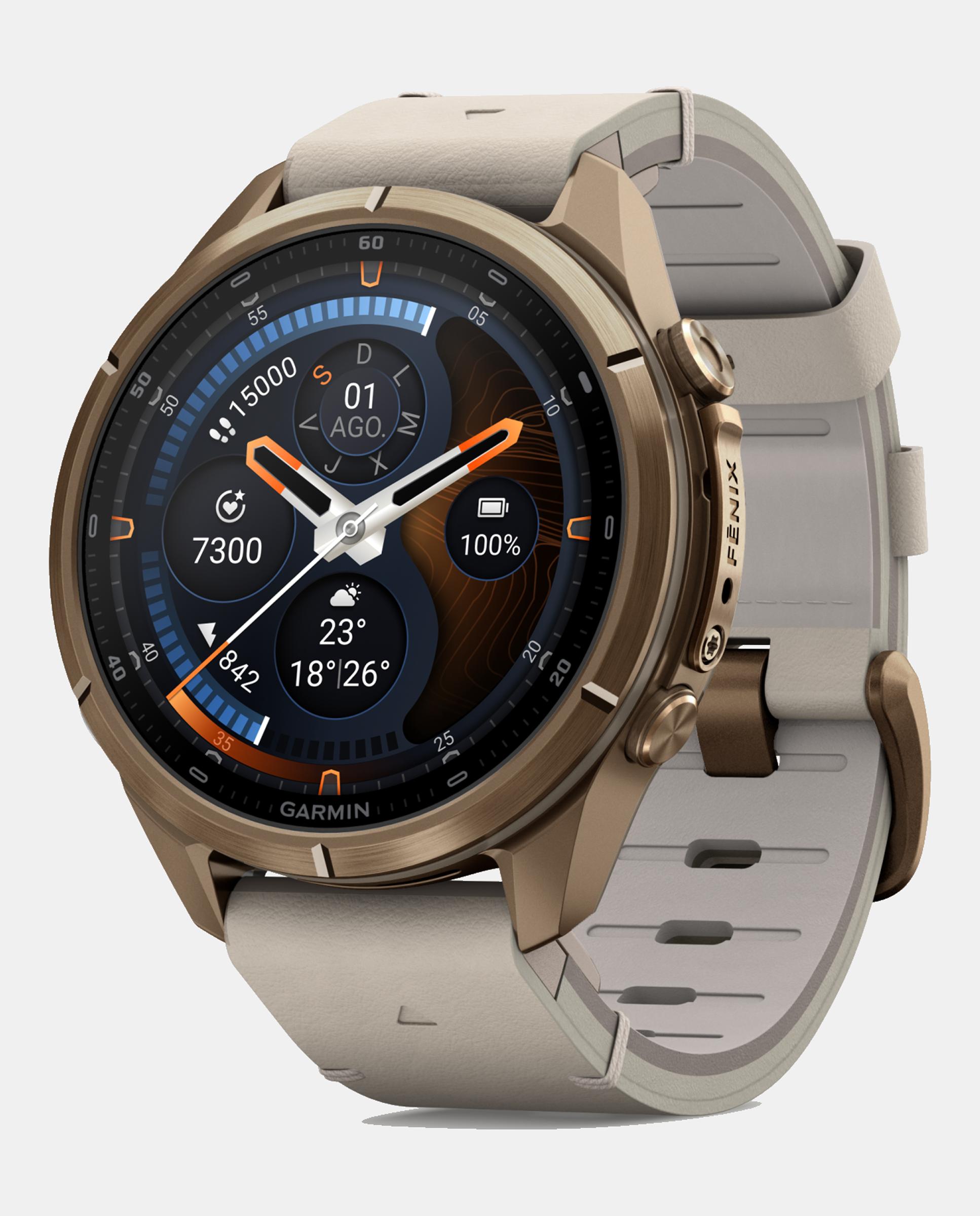 Garmin - Reloj Smartwach Fénix 9 Pro – Inreach, 43 Mm Garmin Caja De Titanio Dorada Con Correa De Cuero Beige + Correa De Silicona Gris.