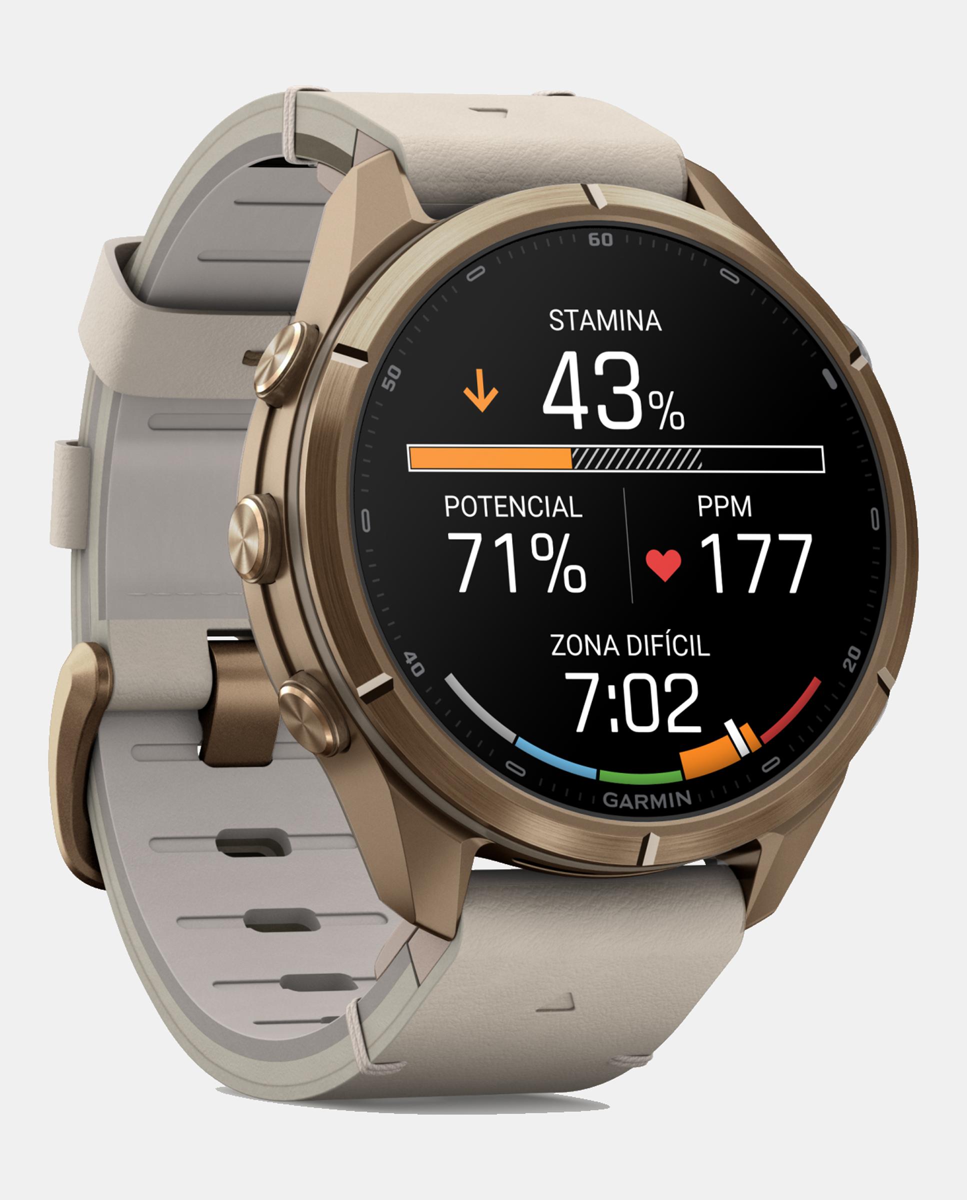 Imagen 3 de Reloj Smartwach Fénix 9 Pro – Inreach, 43 Mm Garmin Caja De Titanio Dorada Con Correa De Cuero Beige + Correa De Silicona Gris - Beige Beige