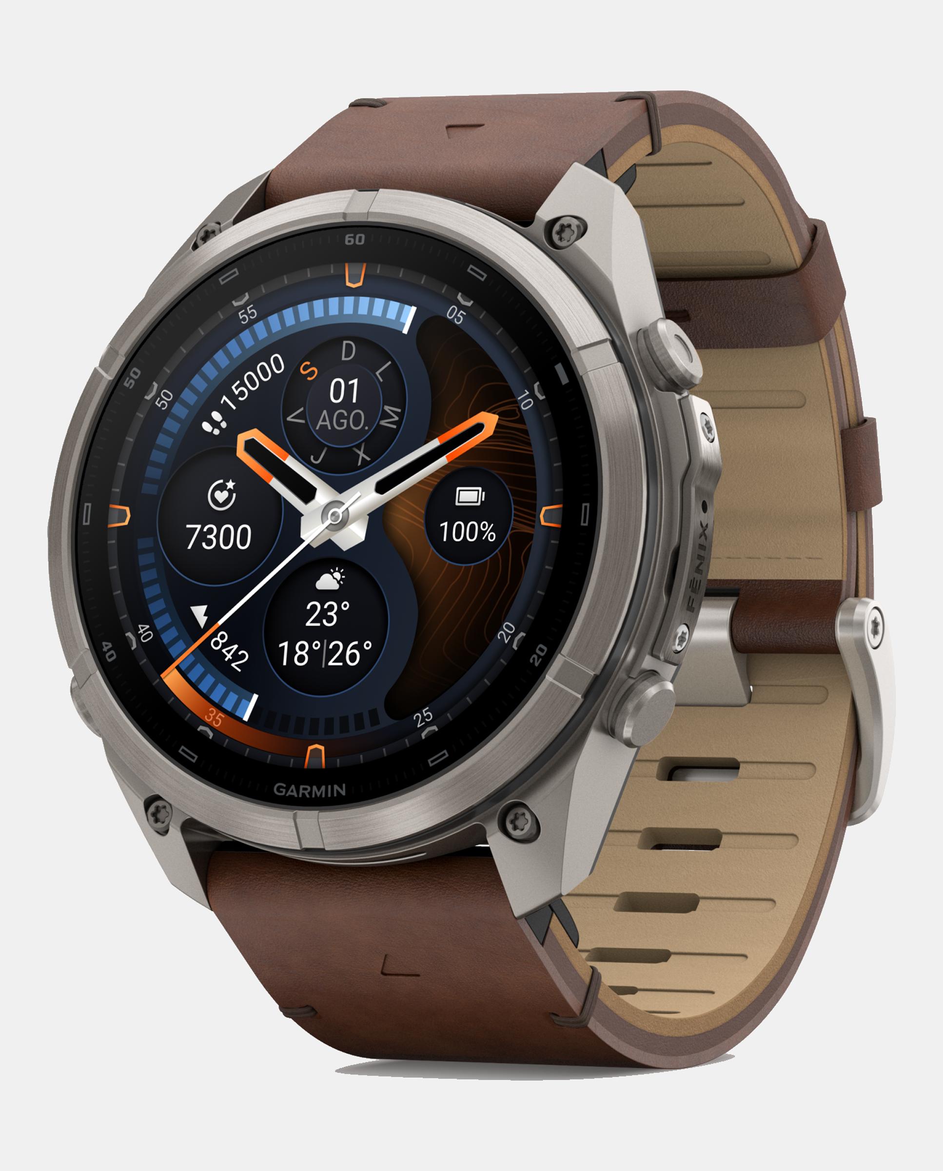 Garmin - Reloj Smartwach Fénix 9 Pro – Inreach, 51 Mm Garmin Caja De Titanio Con Correa De Cuero Marrón + Correa De Silicona Gris.