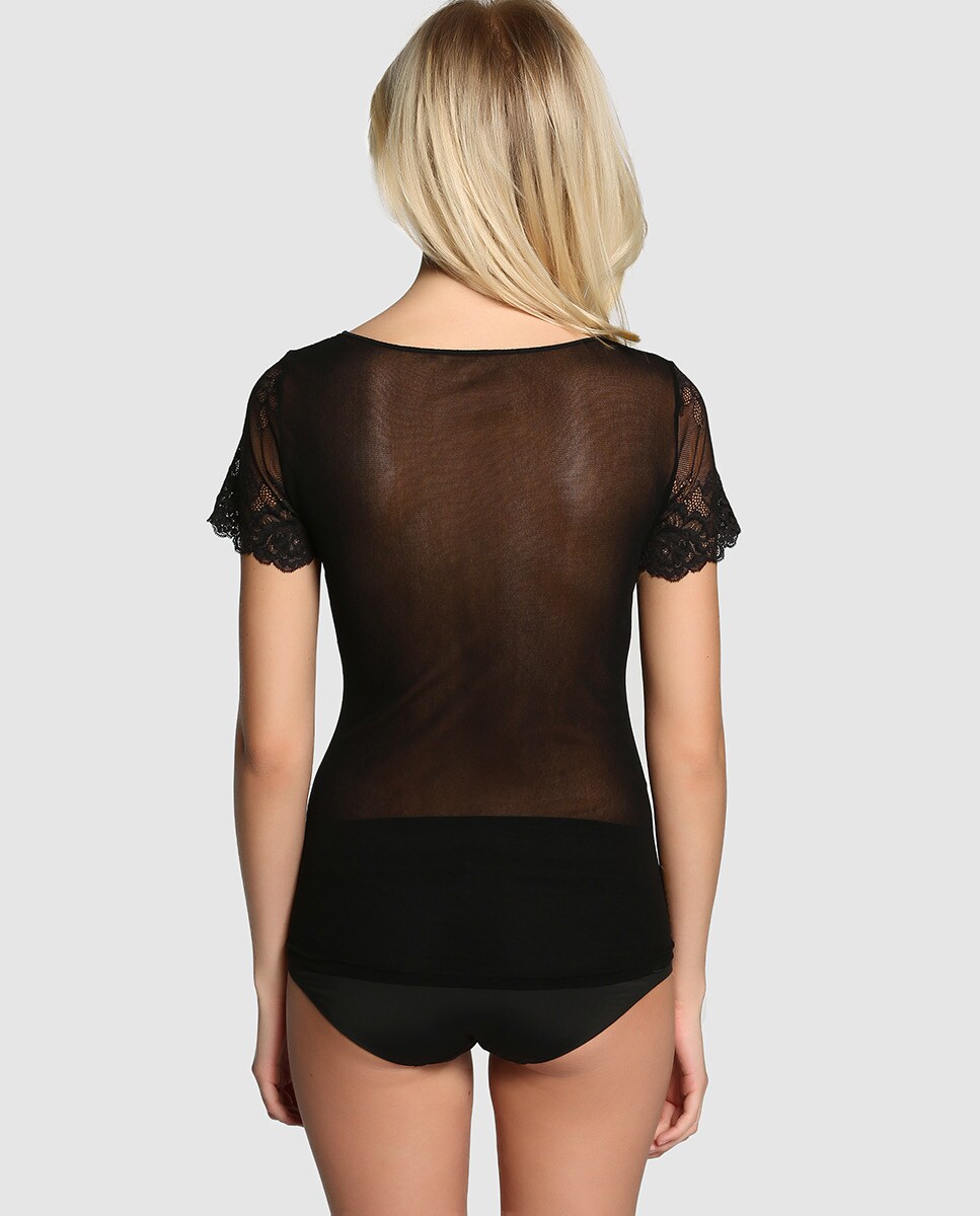 Camisola interior com tule e renda de mulher Janira Preto-2