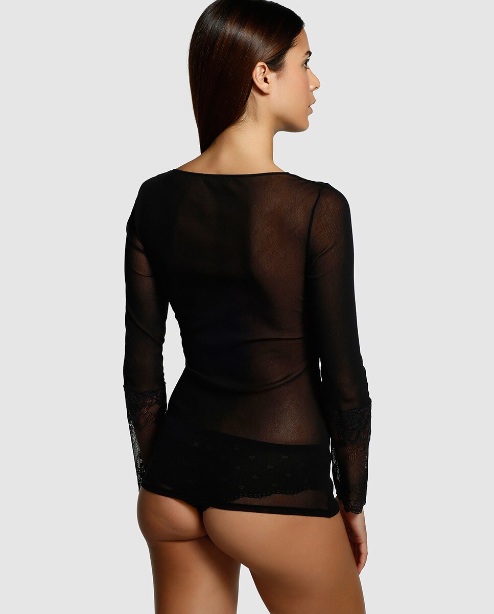 Camisola interior com tule e renda de mulher Janira Preto-2