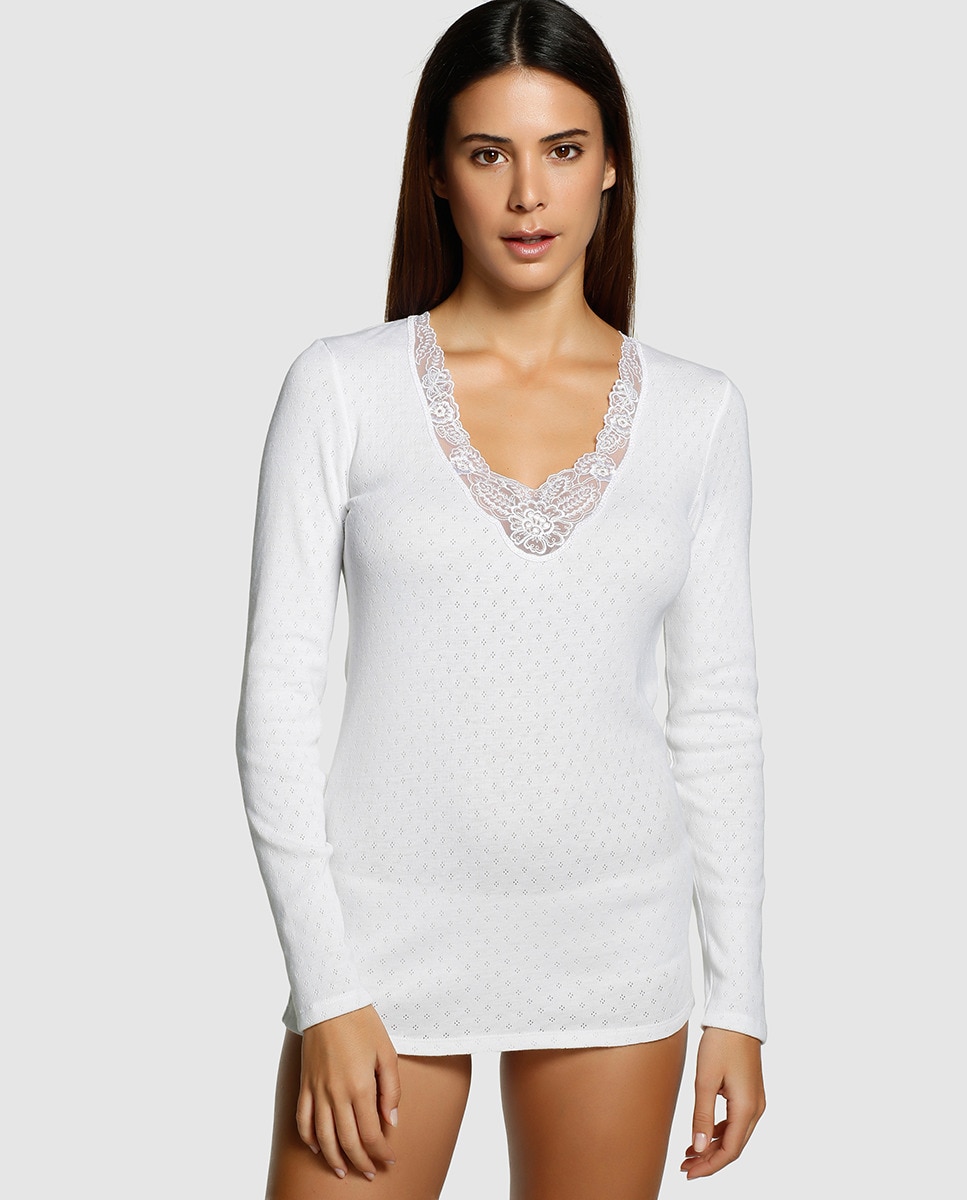 Camiseta de manga larga de tejido calado Thermolactyl de mujer - Damart - Blanco Blanco-1