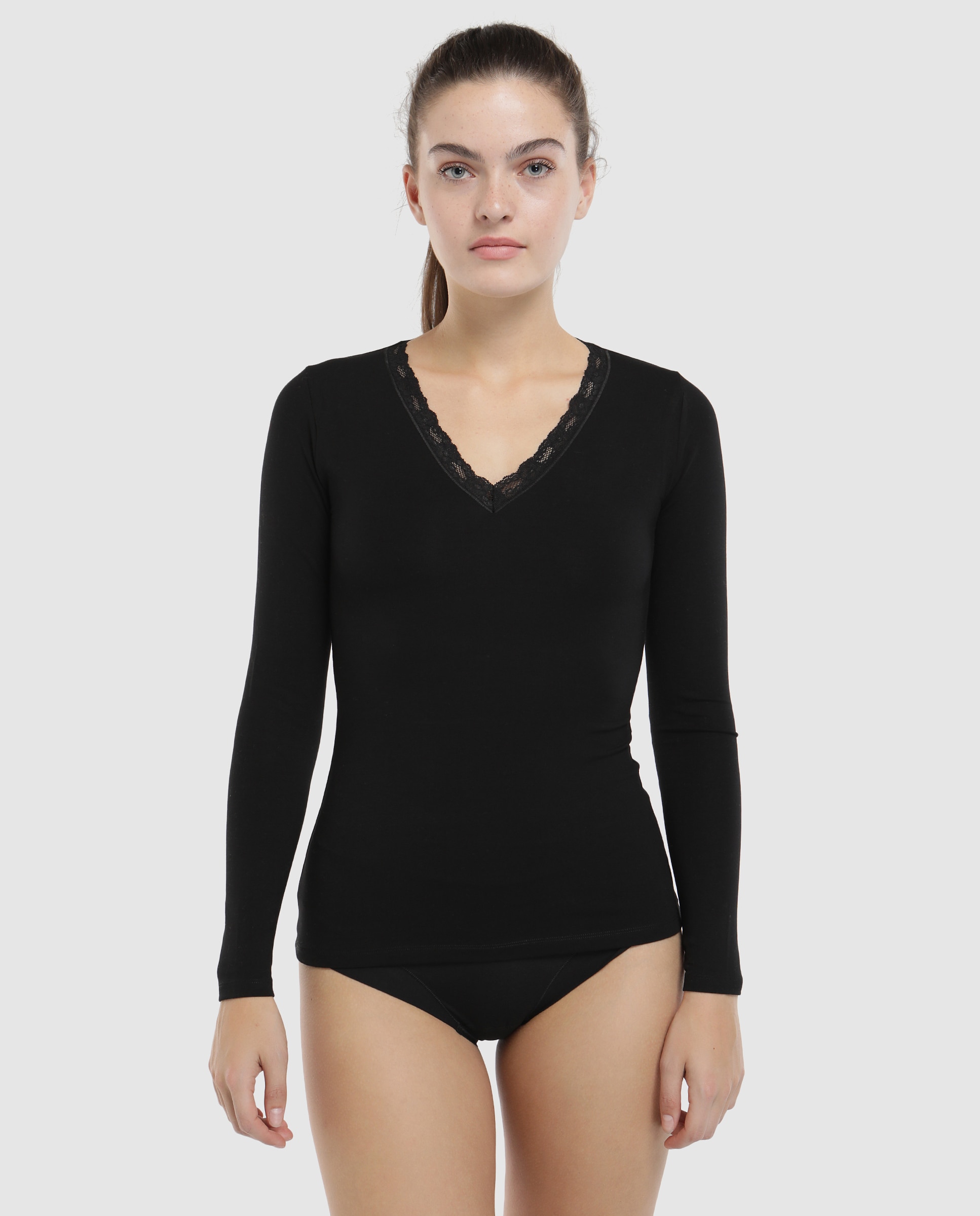Camisola interior de mulher Pecado Original com manga comprida e renda Preto-1