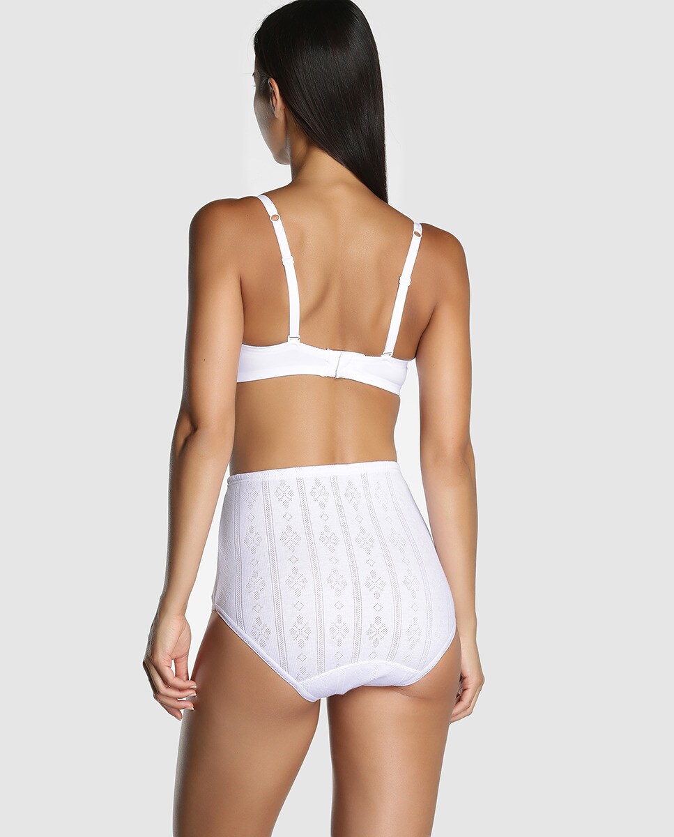 Cueca de Cintura Subida em Tecido Rendilhado 100% Algodão Branco-2