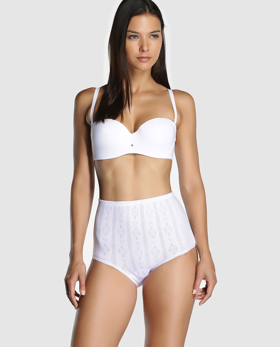 Cueca de Cintura Subida em Tecido Rendilhado 100% Algodão Branco-3