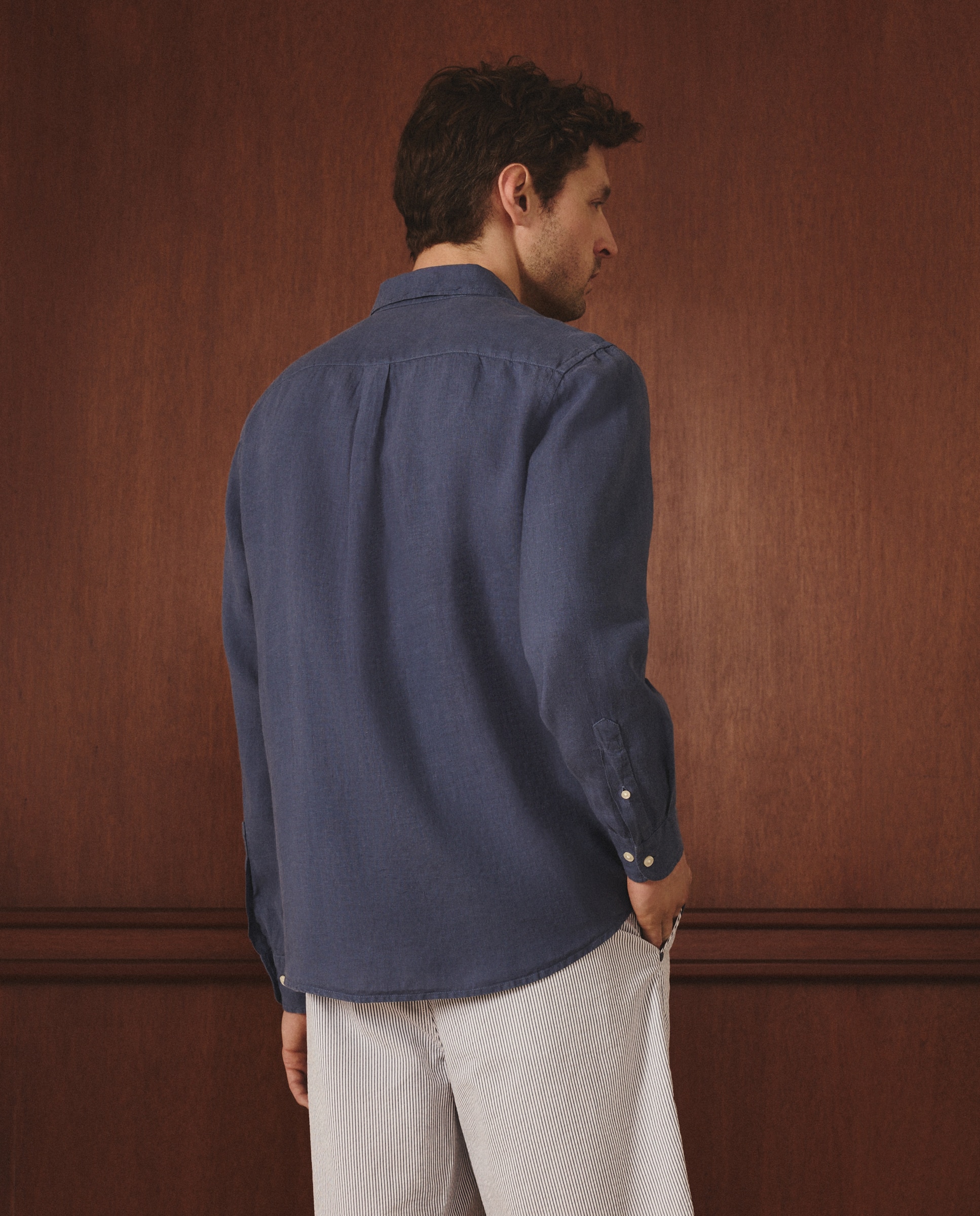 Camisa Classic Fit de Linho Azul-3