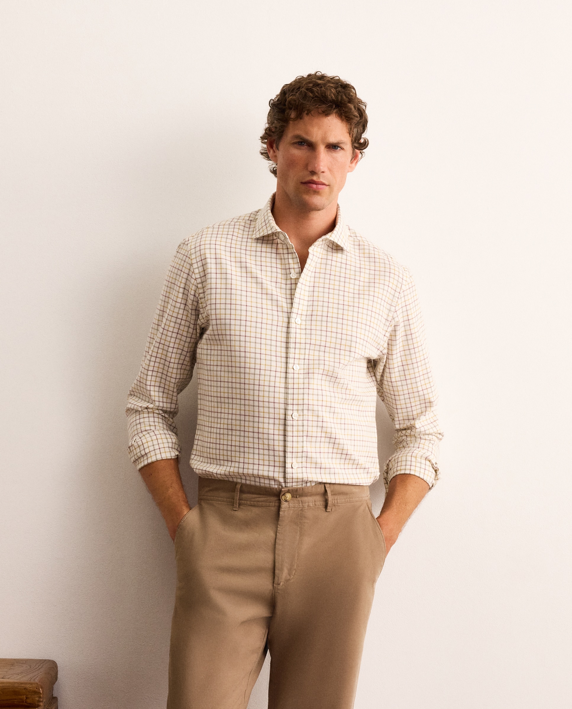 Imagen 0 de Camisa slim fit twill de cuadros tattersall de algodón con mezcla de lana hombre Verde claro