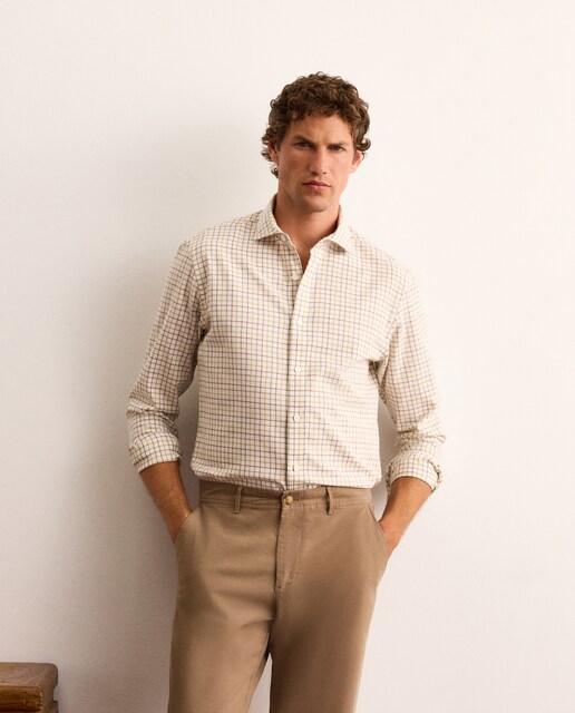 Camisa slim fit twill de cuadros tattersall de algodón con mezcla de lana hombre