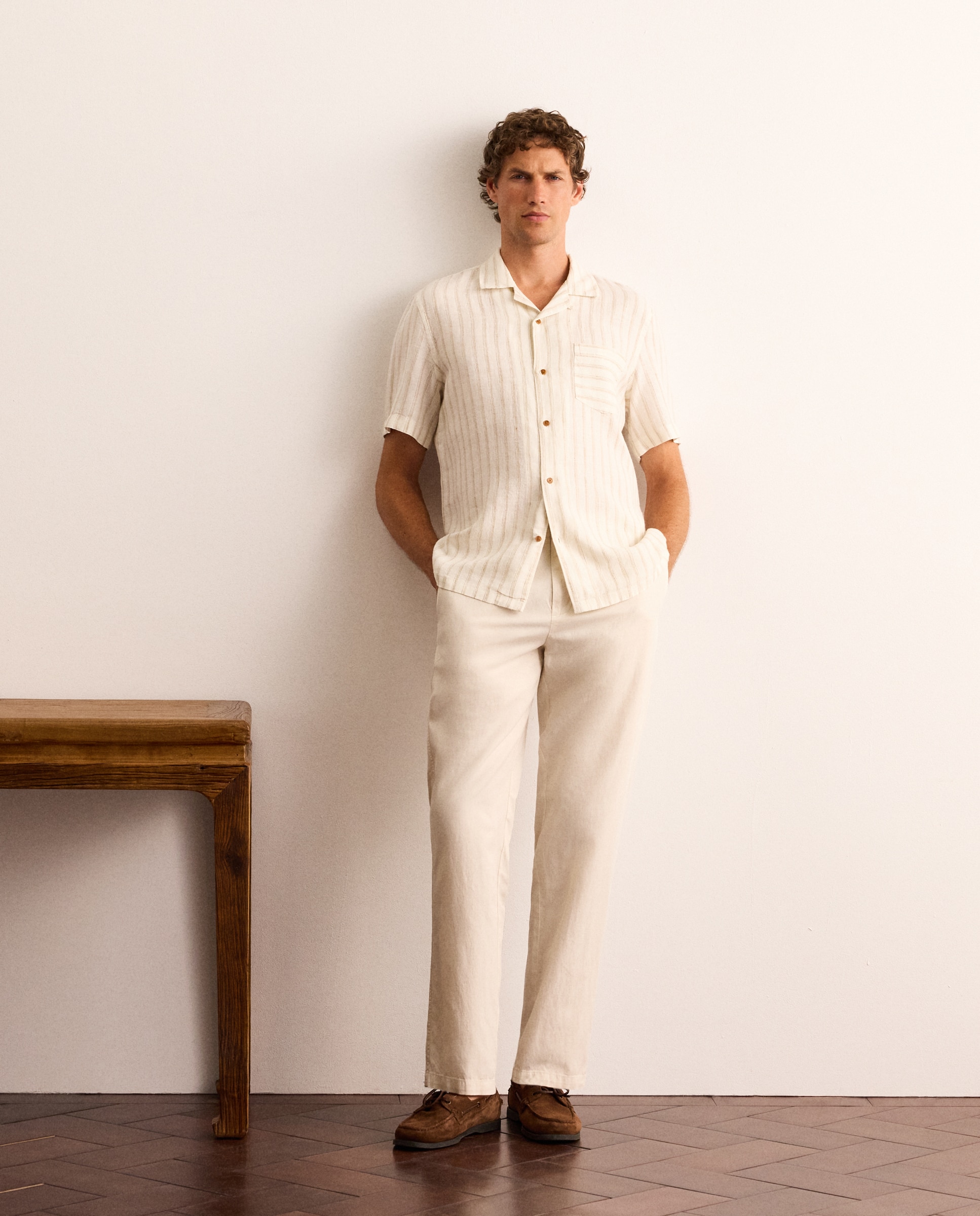 Camisa classic fit de manga corta a rayas de lino hombre - Lloyd's - Beige Beige-2