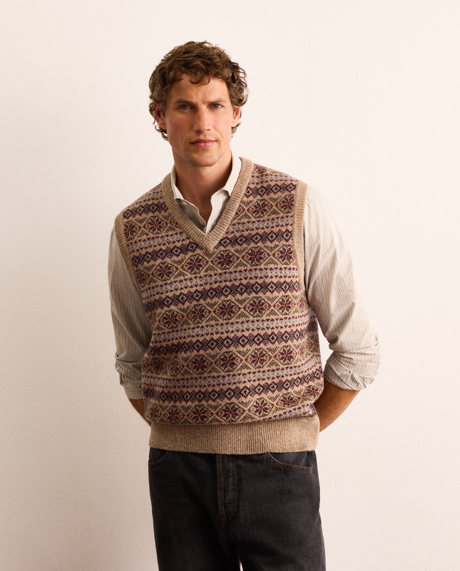 Chaleco de punto jacquard de lana Shetland con cuello de pico hombre - Lloyd's - Marrón Marrón-1