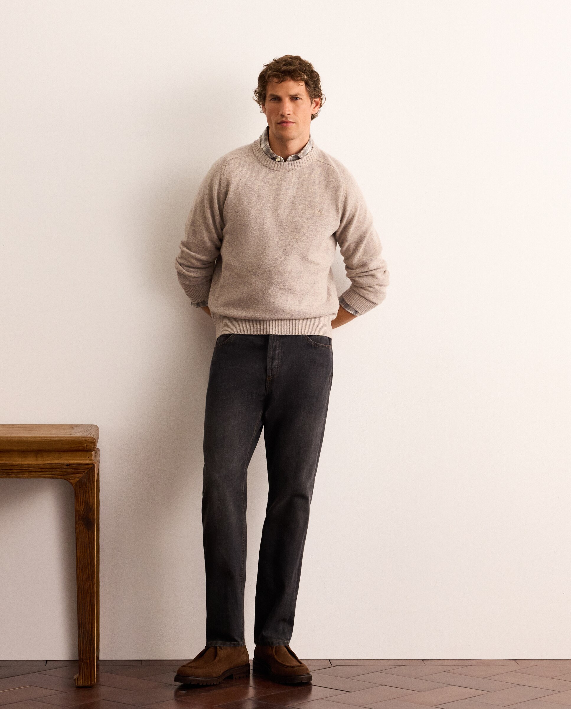 Camisola de Malha 100% Lambswool com Gola Redonda Bege-2