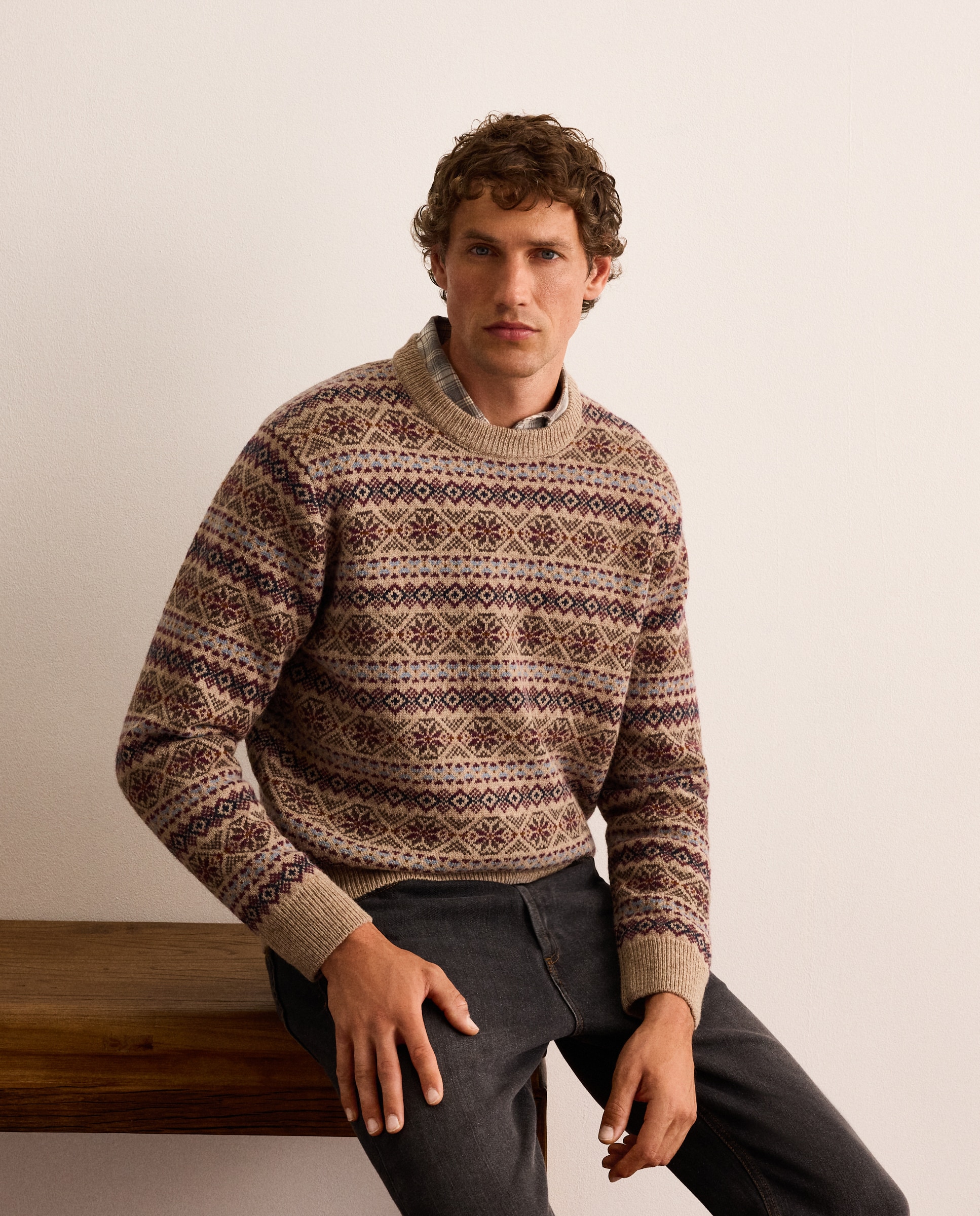 Jersey jacquard de lana Shetland con cuello redondo hombre - Lloyd's - Marrón Marrón-1