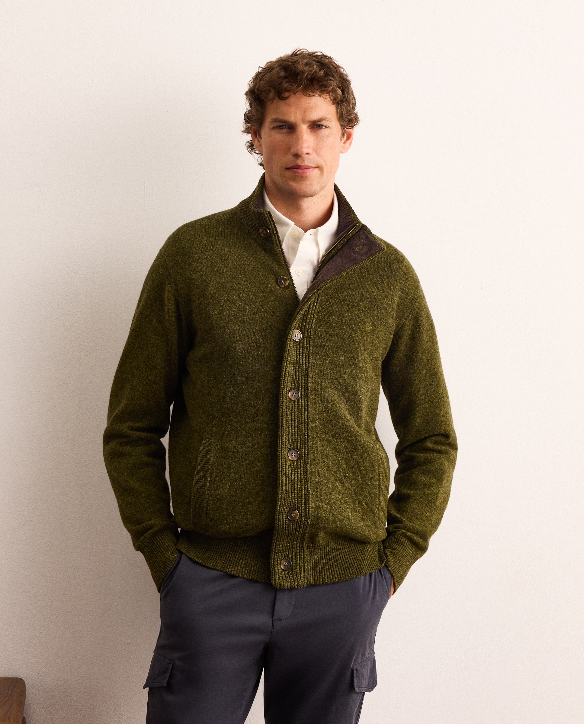 Cardigan de hombre de lambswool con botones y cremallera - Lloyd's - Verde oscuro Verde oscuro-1