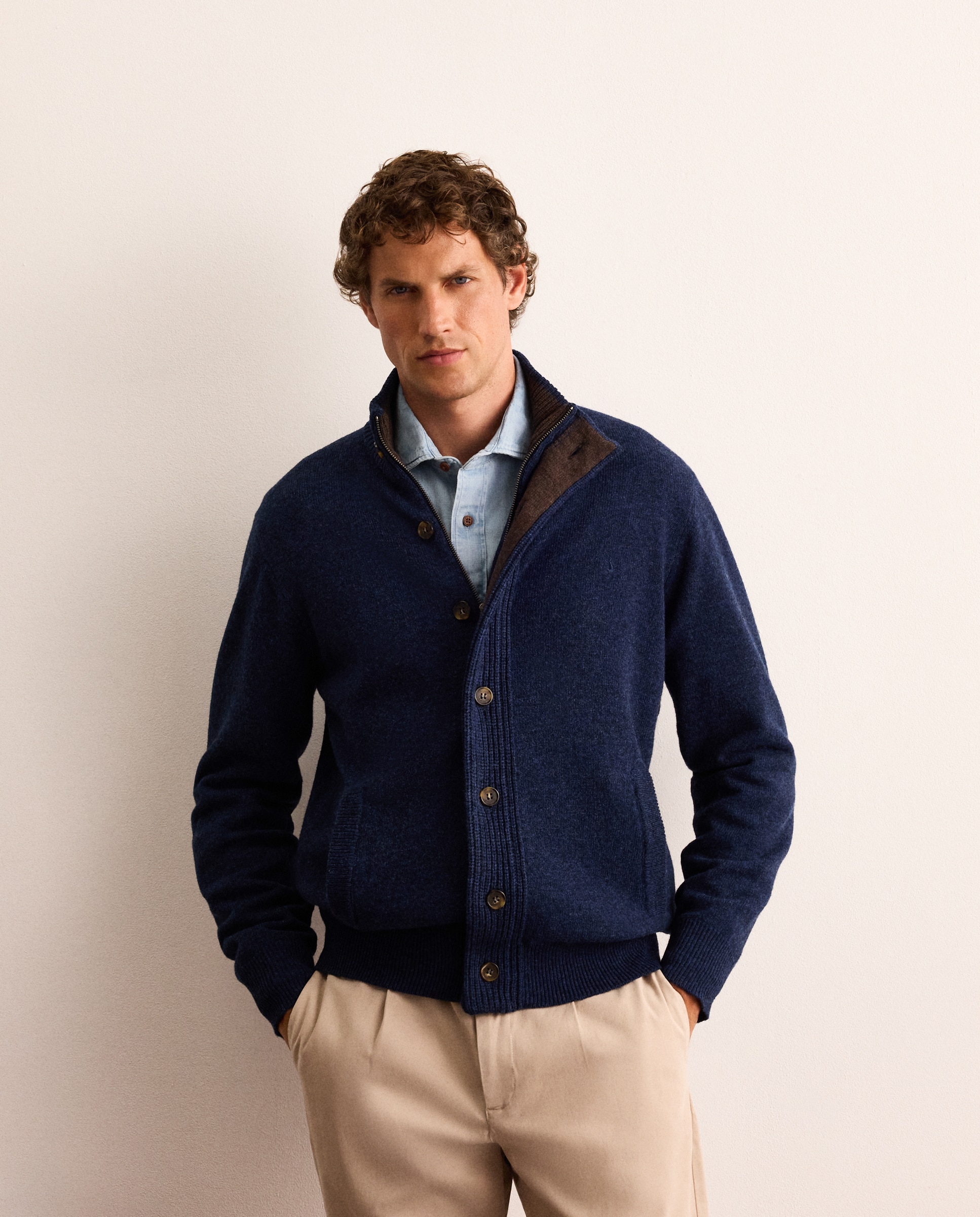 Cardigan de hombre de lambswool con botones y cremallera - Lloyd's - Azul marino Azul marino-1