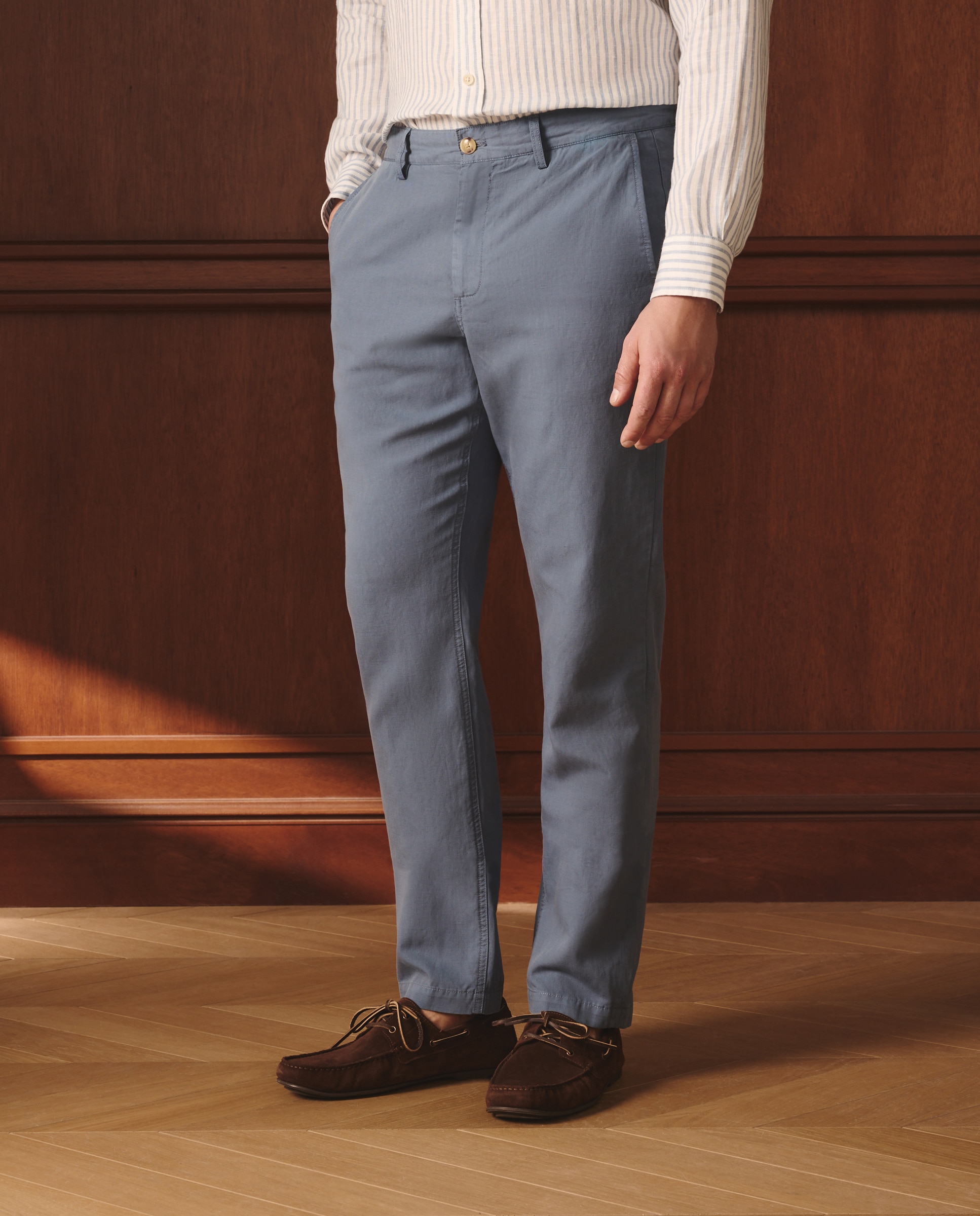Calças Chino em Mistura de Linho Regular Fit Azul-índigo-2