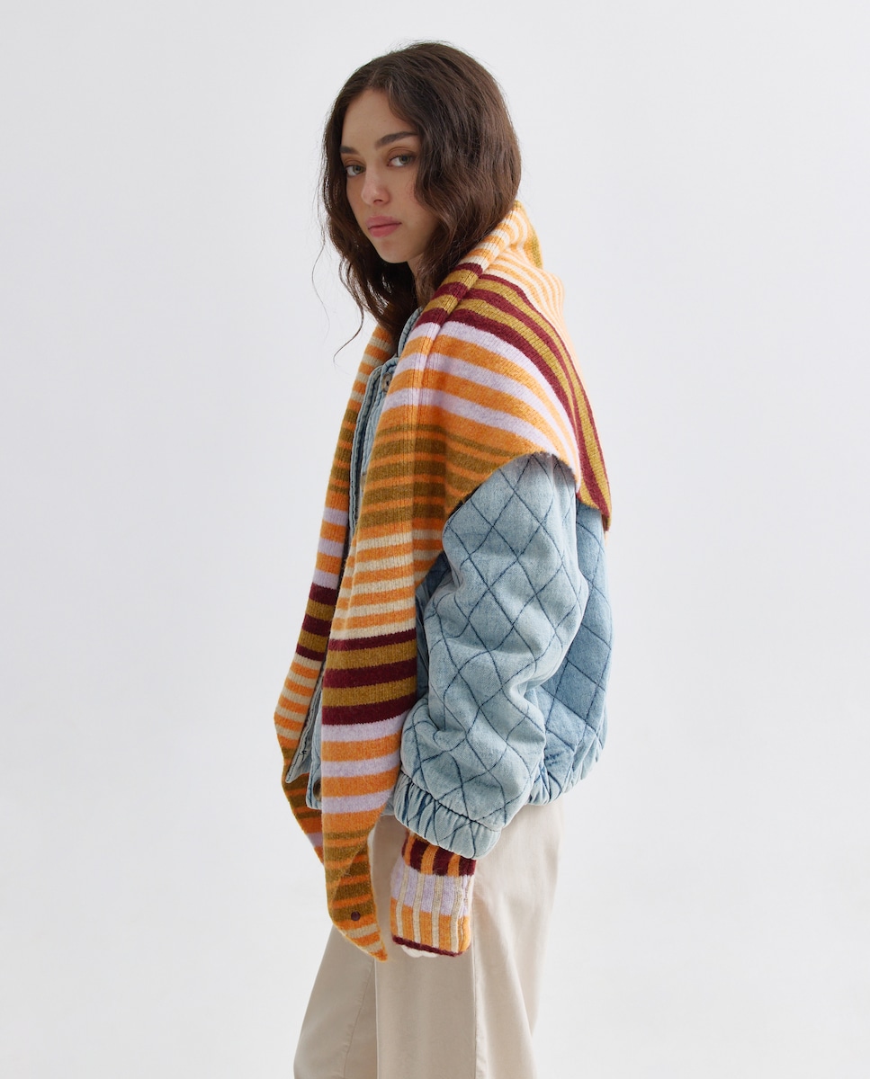 Conjunto de Cachecol em Bico e Luvas às Riscas - Multicolor 660 Laranja-5