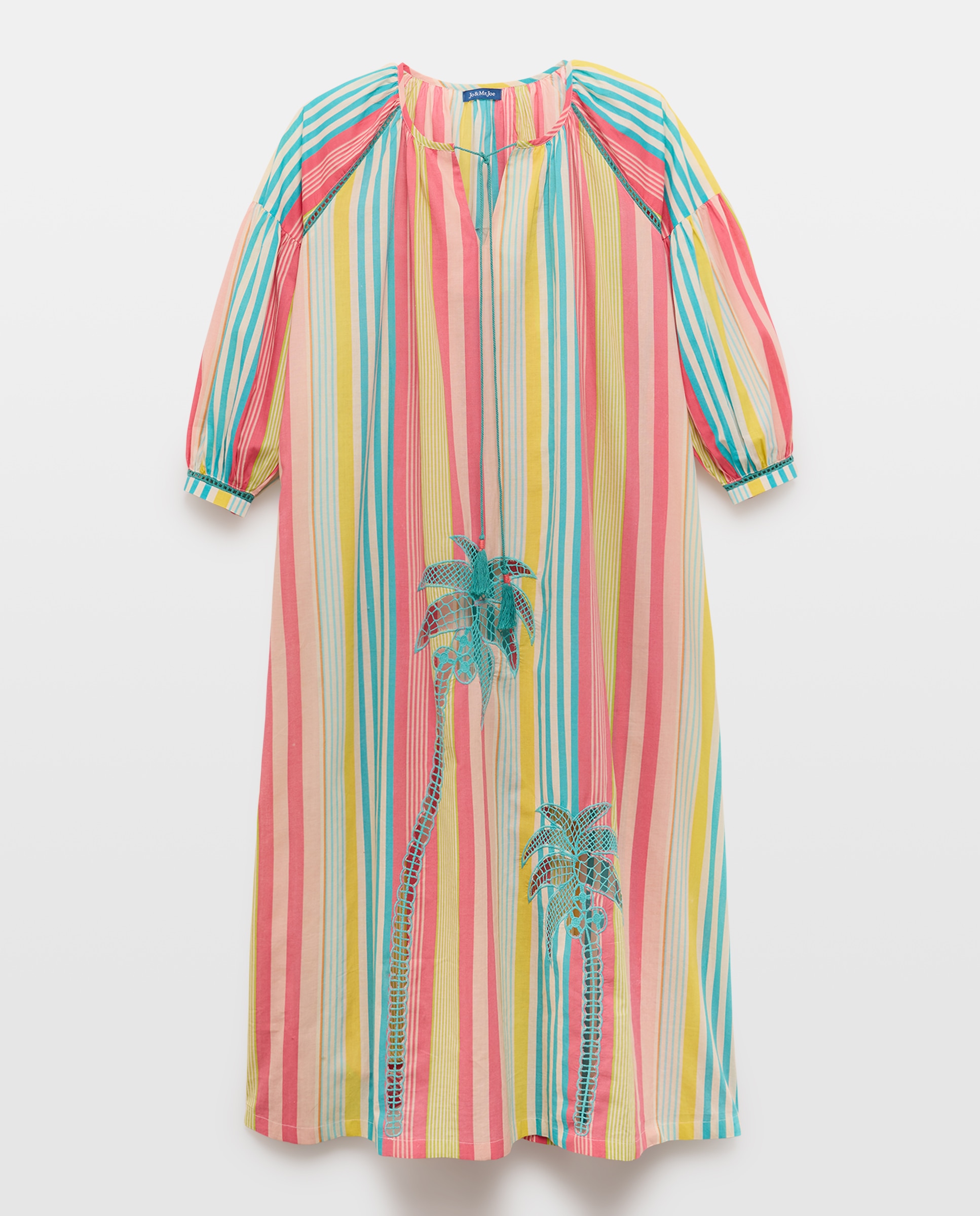 Kaftan Comprido às Riscas com Bordado de Palmeira 400 Azul-1