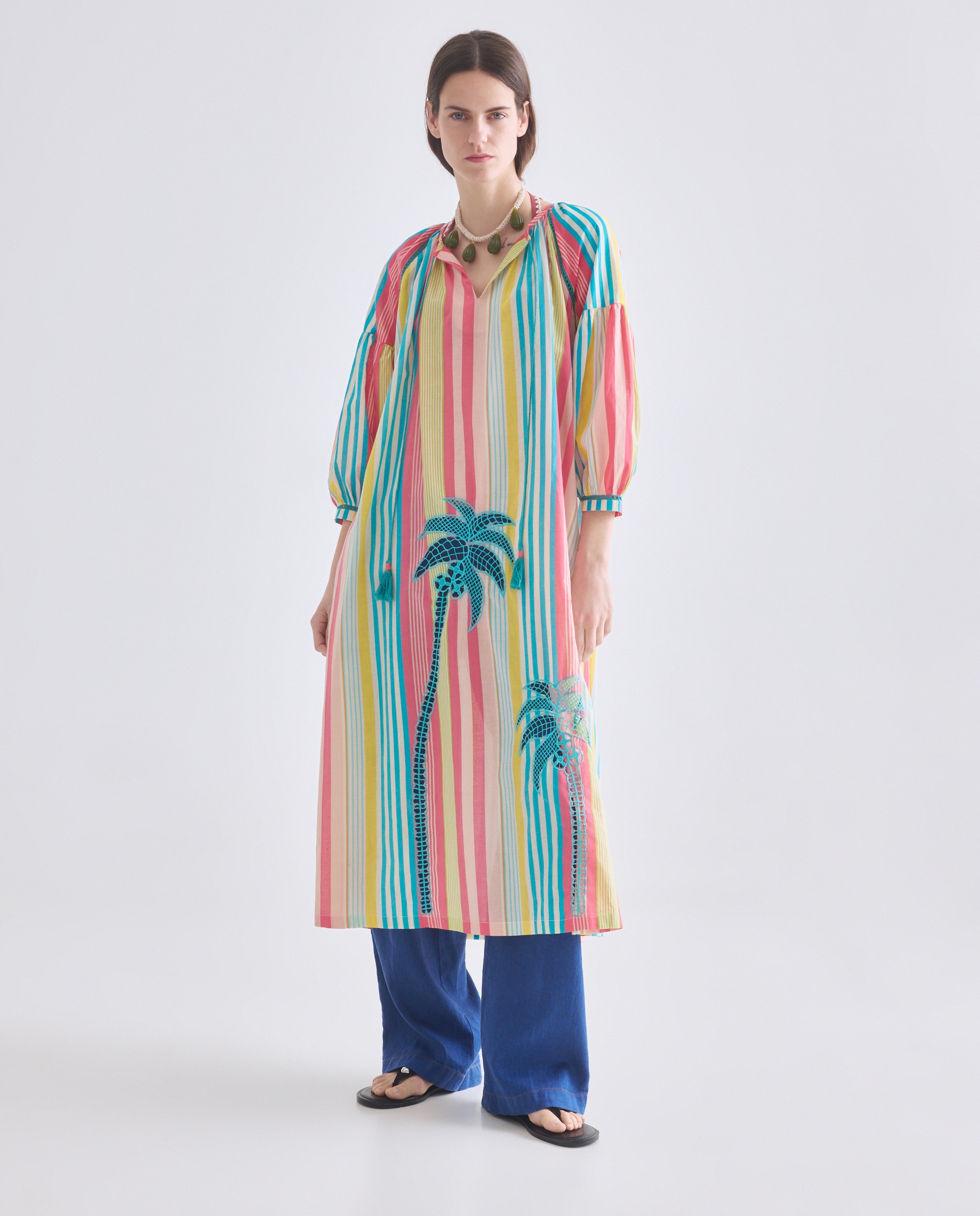 Kaftan Comprido às Riscas com Bordado de Palmeira 400 Azul-4