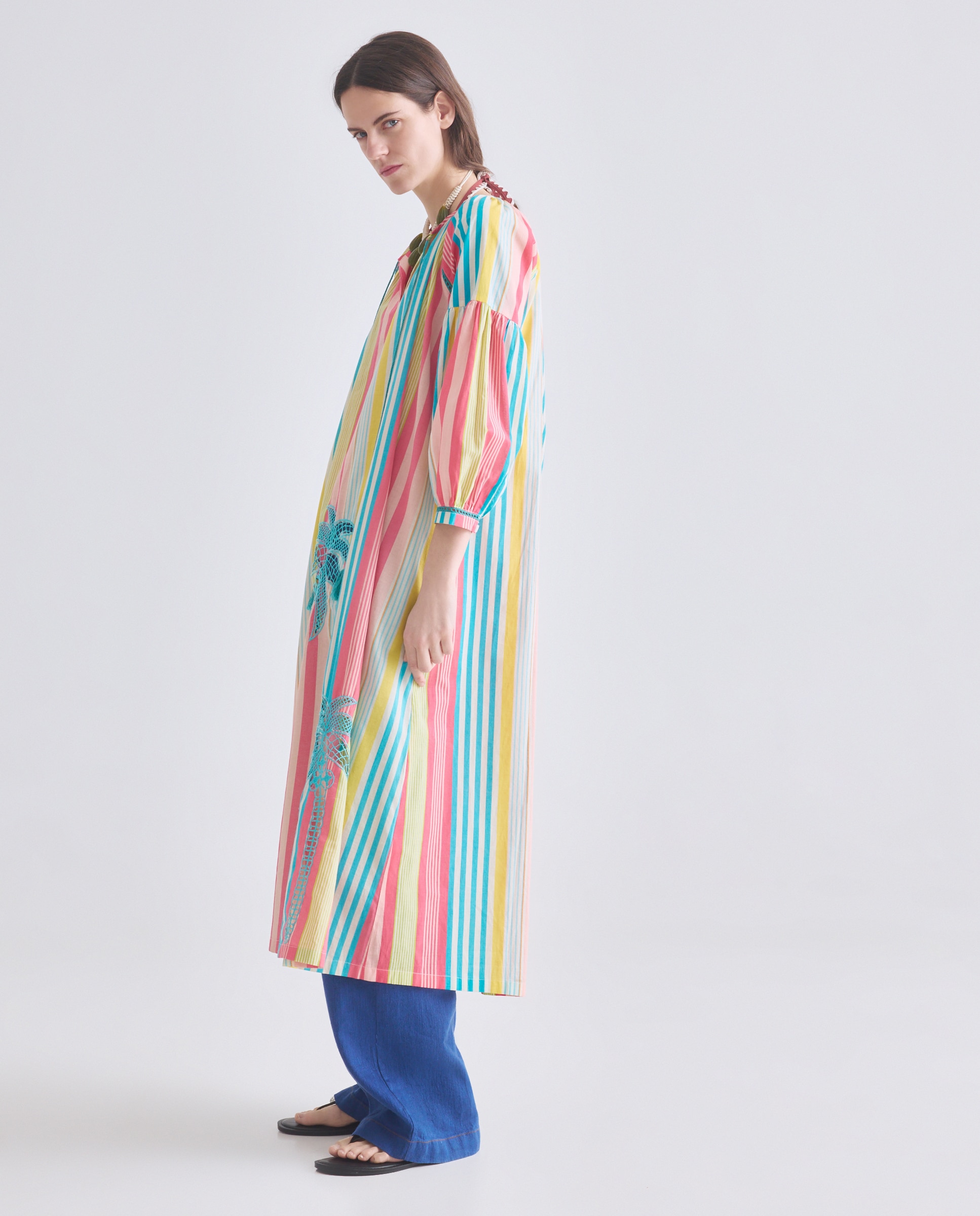 Kaftan Comprido às Riscas com Bordado de Palmeira 400 Azul-5