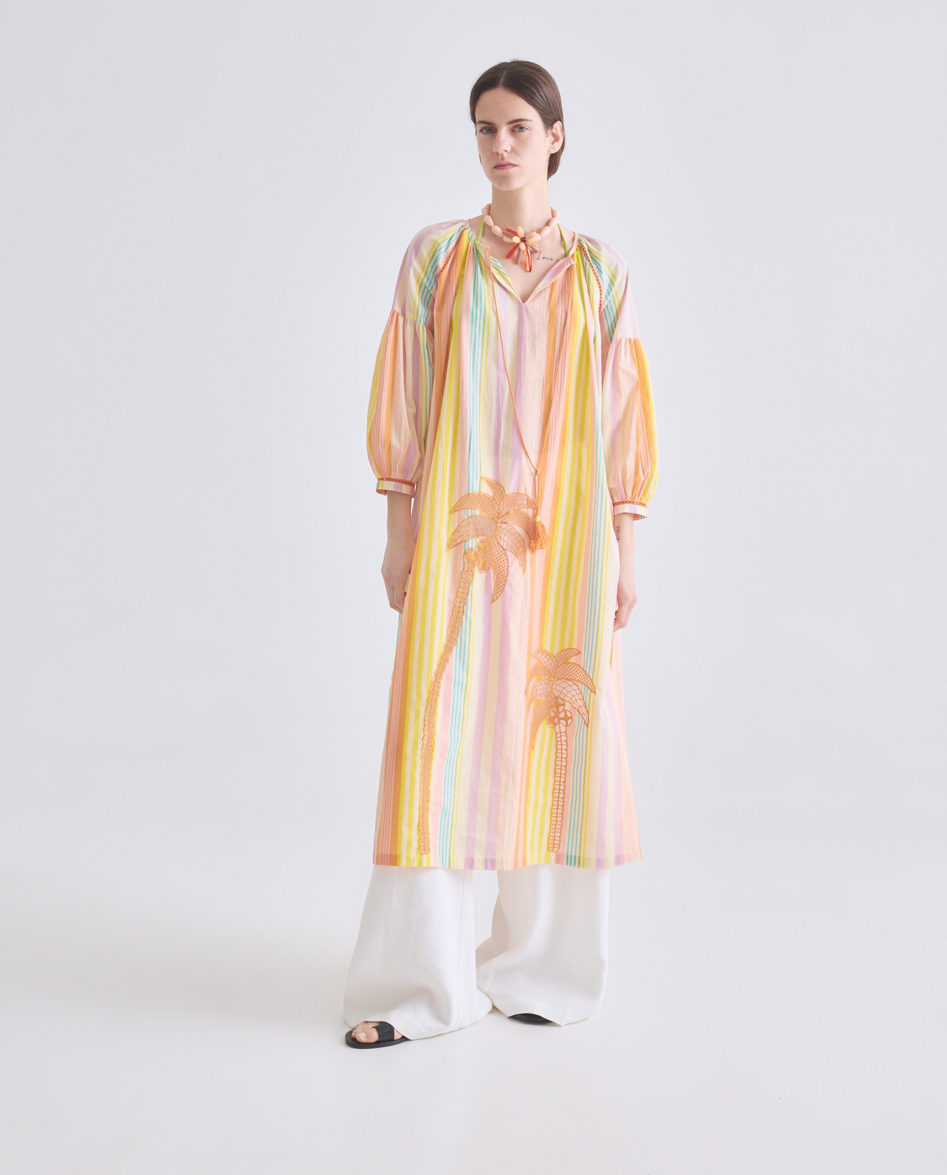 Kaftan Comprido às Riscas com Bordado de Palmeira 630 Coral-4